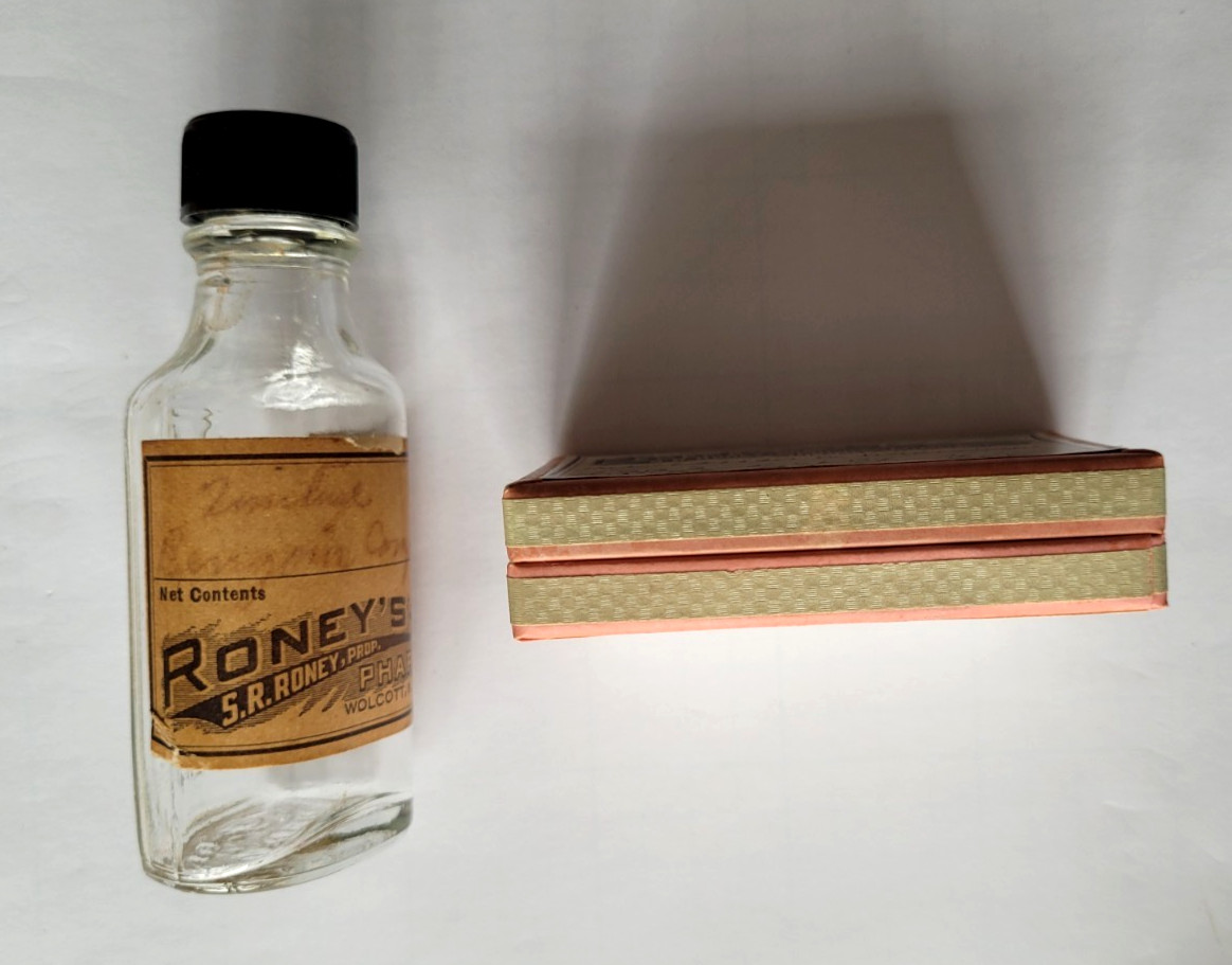 Lot of 2 Vintage Roney’s Pharmacy Medicine Wolcott NY Wayne Bottle Advertising