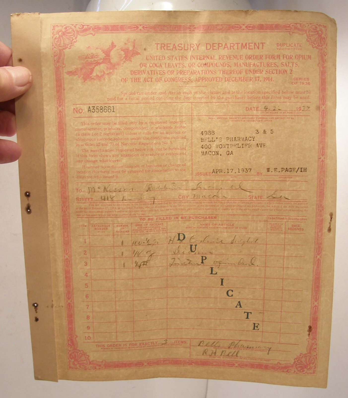 VINTAGE 1936 US TREASURY DEPT REVENUE FORM COCA LEAVES OR OPIUM MACON GEORGIA
