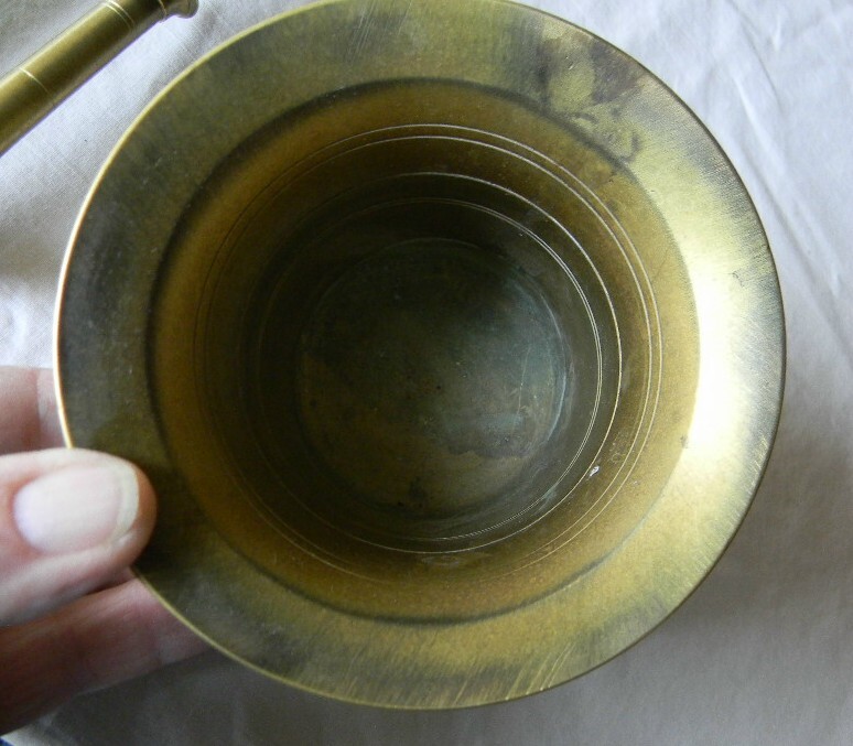 ANTIQUE LARGE SOLID BRASS 4″ TALL MORTAR & PESTLE PHARMACIST CHEMIST APOTHECARY