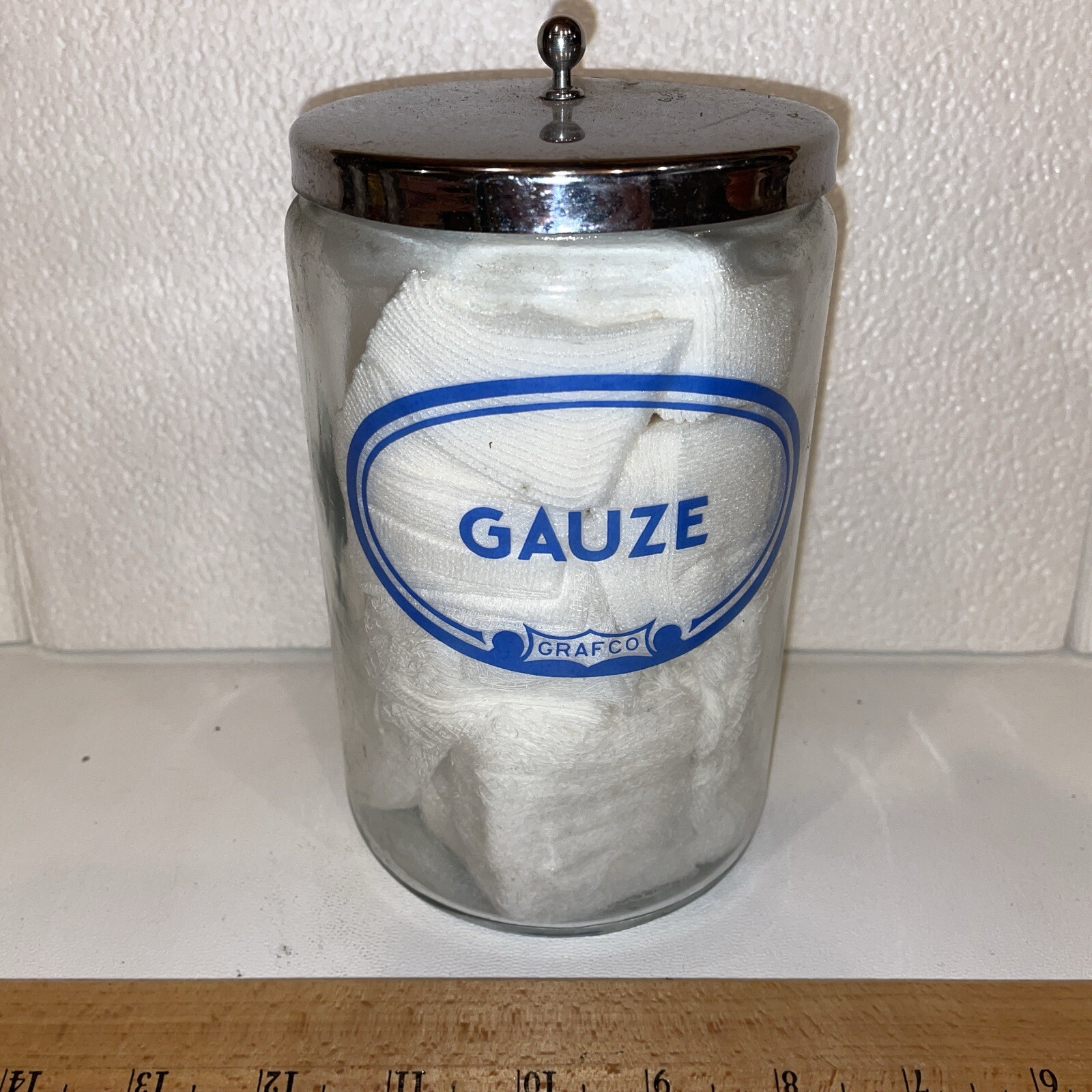 Grafco Medical Apothecary Glass Jars w/ blue letters Gauze
