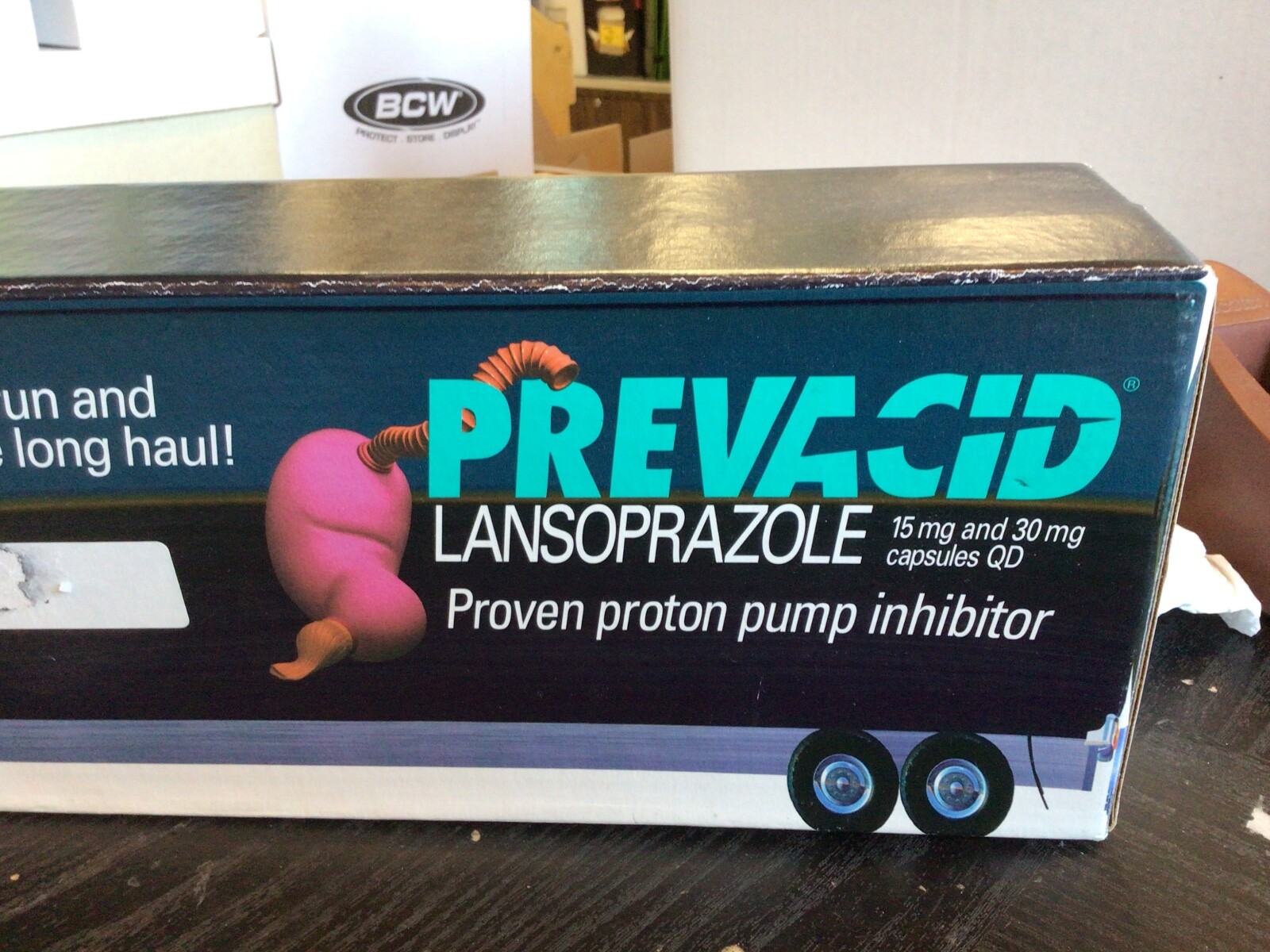 PREVACID ADVERTISING TOY TRACTOR TRAILER W TRUCK SHAPED BOX PHARMACEUTICAL