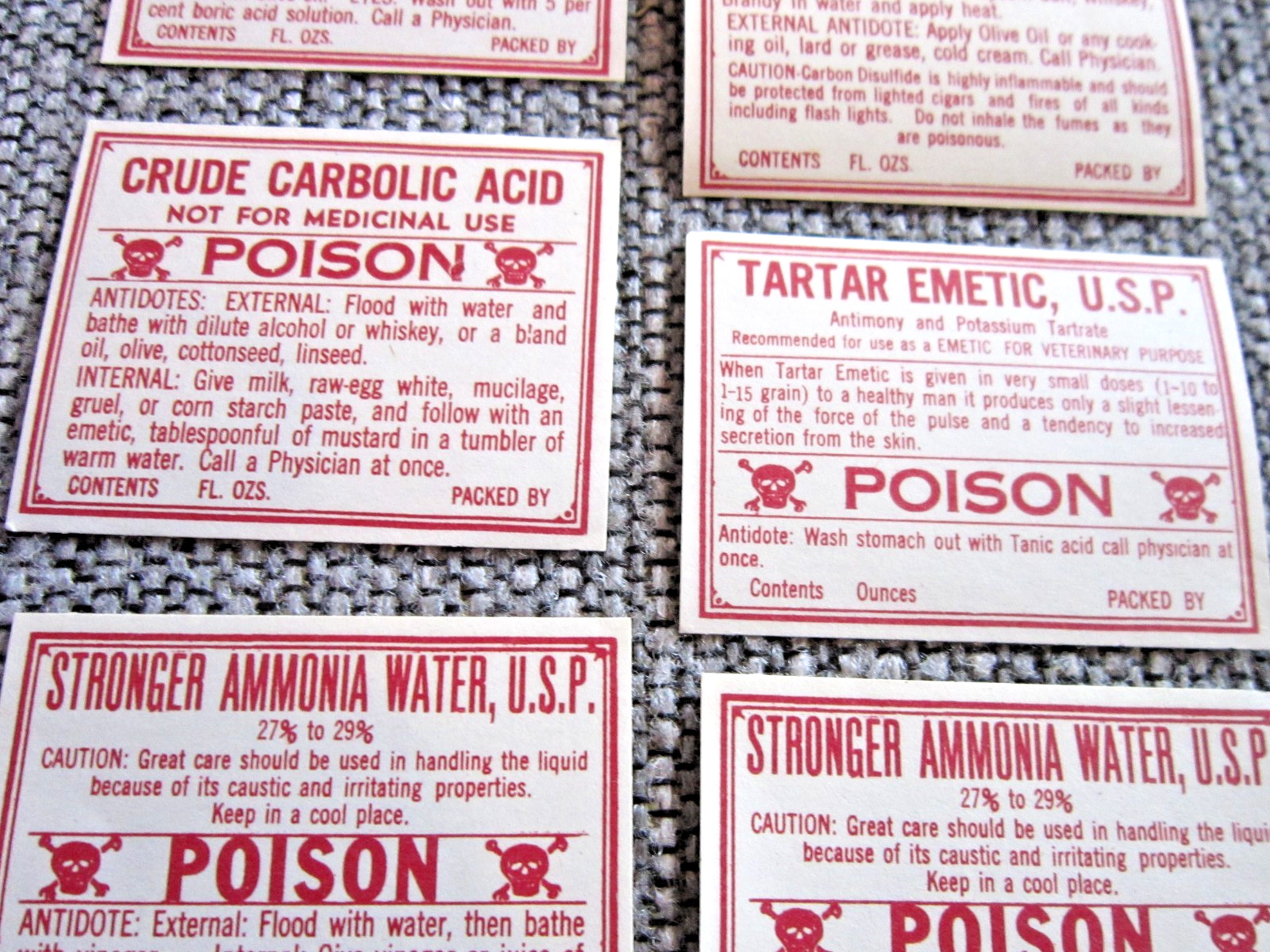Lot of 6 Vintage Pharmacy Poison Unused Bottle Labels