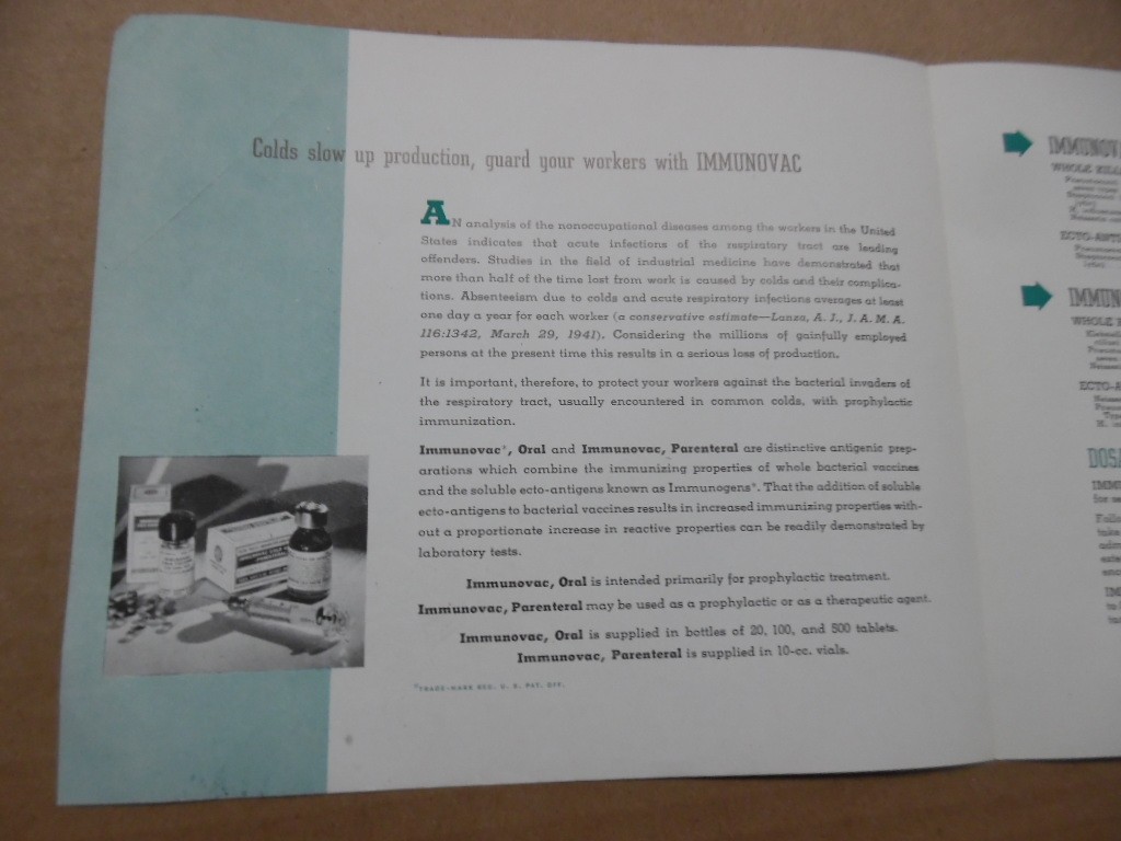 c.1940s Parke Davis Immunovac Cold Flu Vaccine Brochure Vintage Original WWII