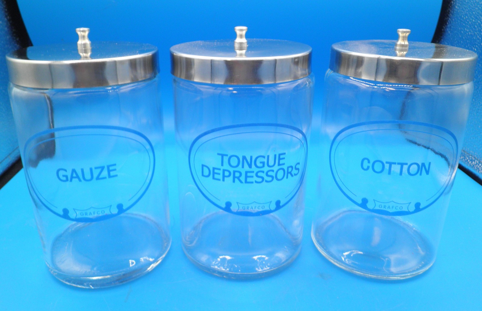 Grafco medical apothecary jars tongue depressors cotton gauze lids