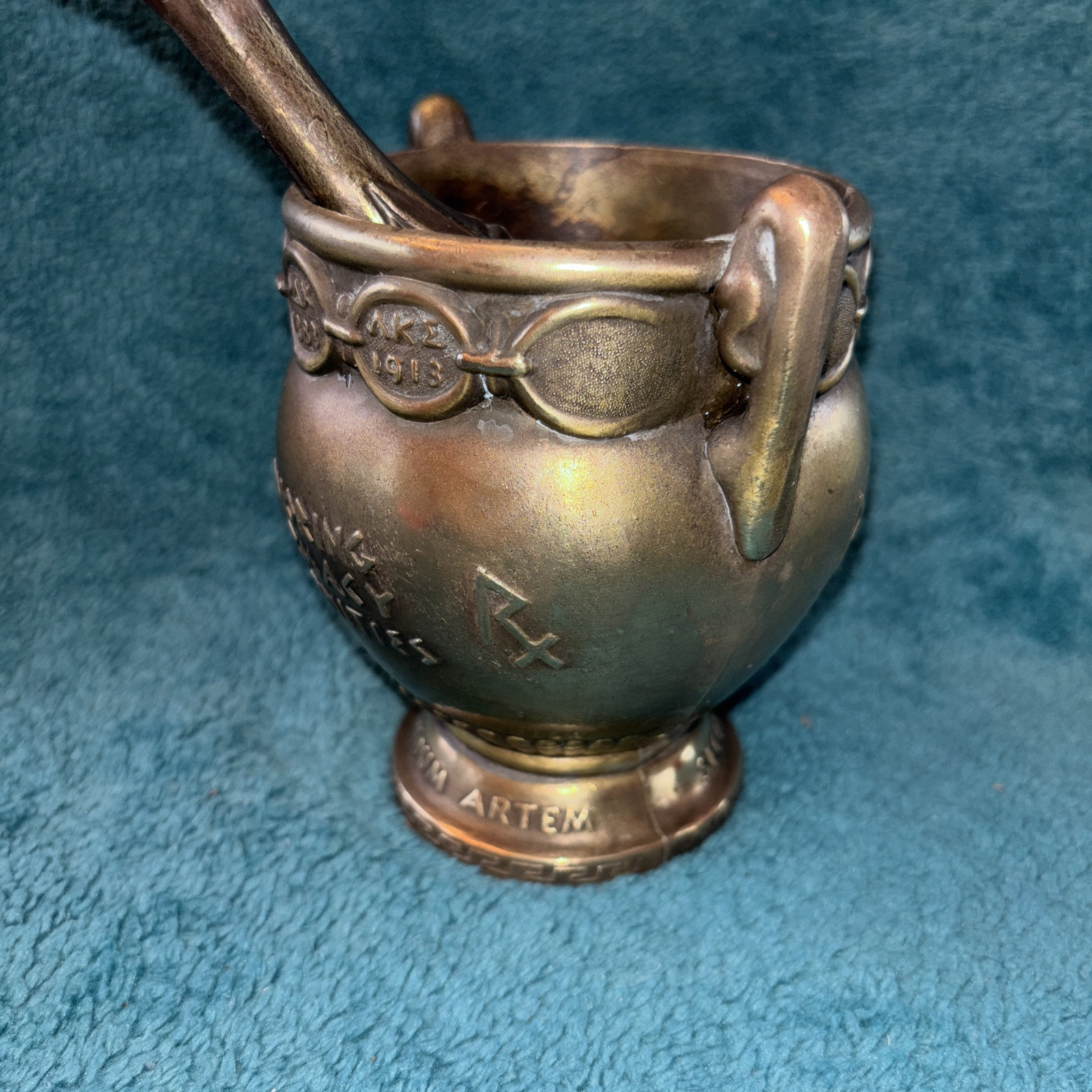 Vtg Heavy Brass Schering 5” Mortar & Pestle Coricidin Pharmacy Fraternities #OO