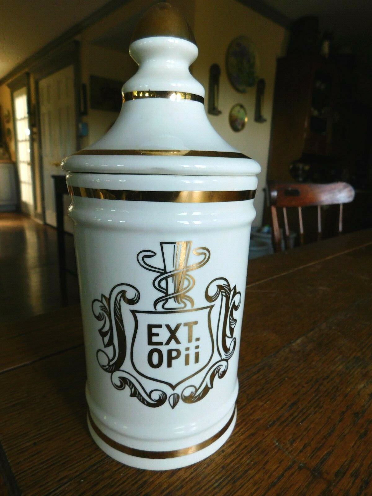 Vintage Pharmacy EXT OPii Canister Jar w/ Lid-Cream & Gold Trim-Owens Glass IL