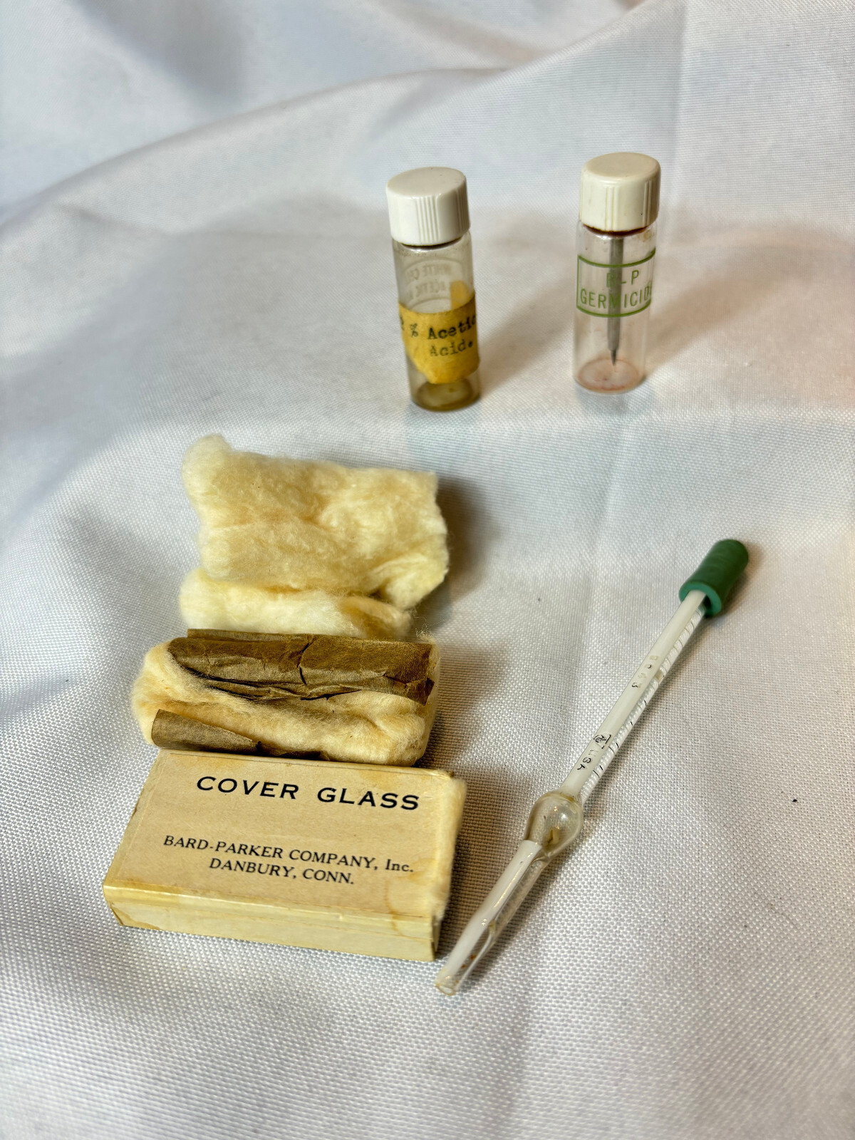 Art Deco BARD PARKER Blood Test Kit Dropper Cover Glass Empty Bottles & Cotton
