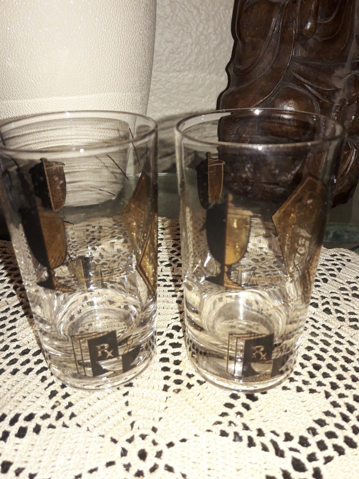 2 Vtg Modern Mid Century Rx Drinking Glasses Gold Plated Pharmacy, Apothecary
