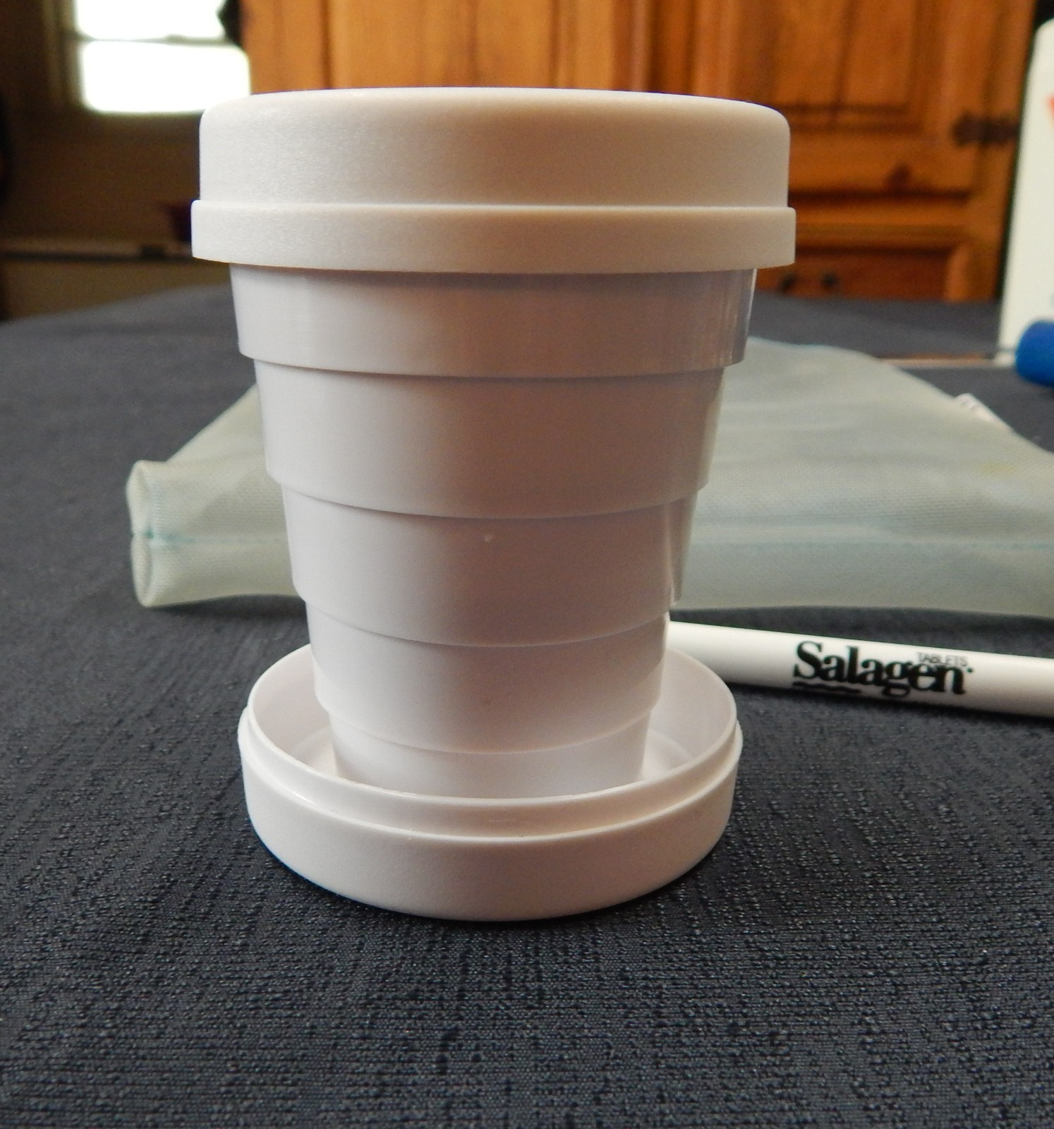 Vintage Salagen Drug Rep Pen Collapsible Cup Pill Holder & Zippered Bag 3pc set