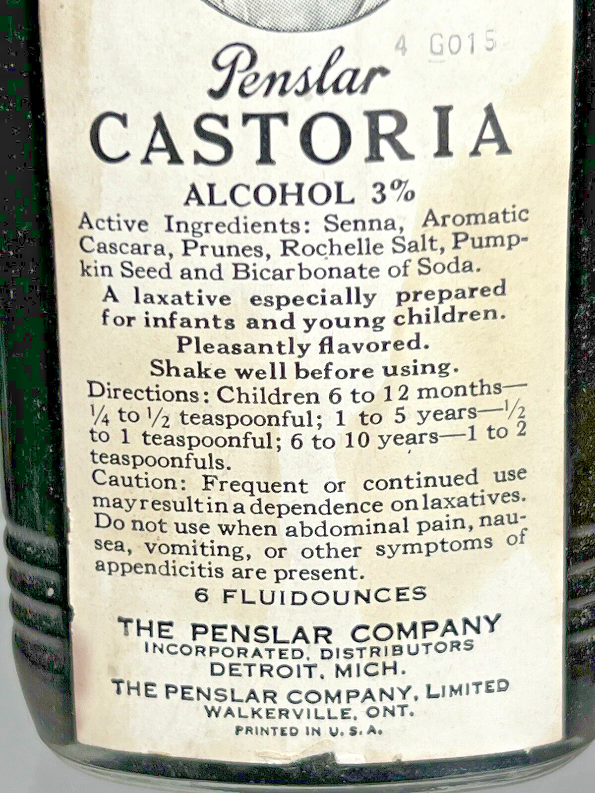 Vintage Brown Glass Bottle Penslar Castoria Detroit Michigan. approx. 6″ tall