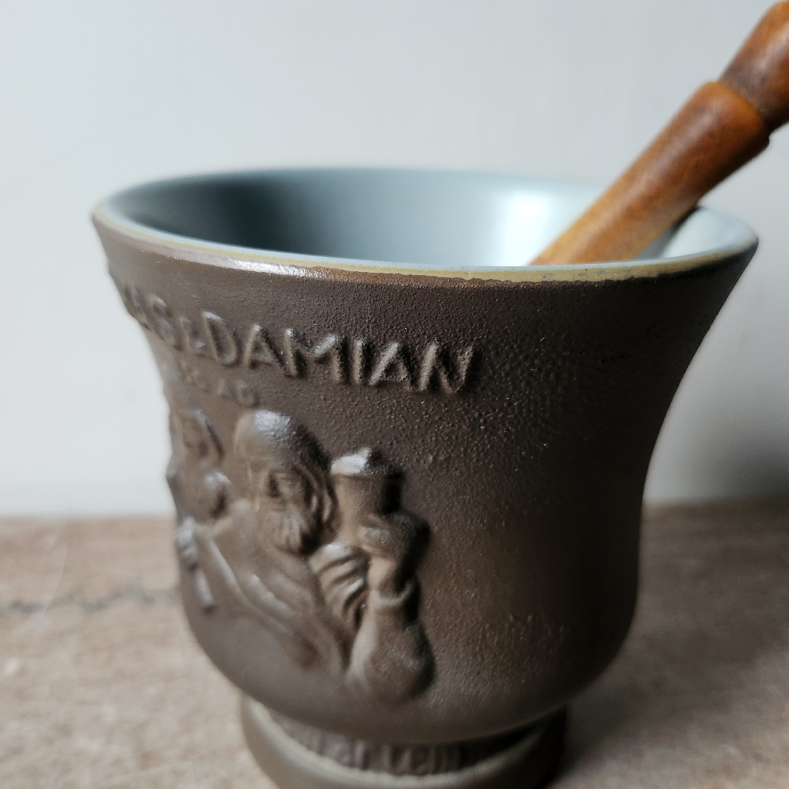 Schering Pharmaceutical Coricidin Promotional Brown Ceramic Mortal Wood Pestal