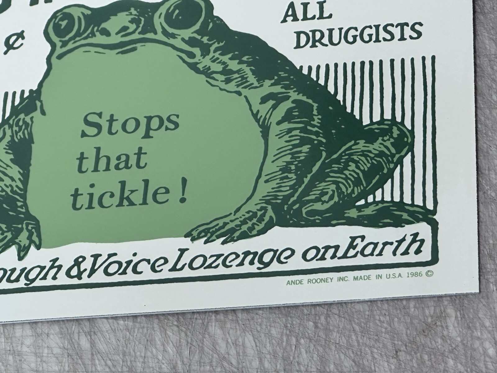 FROG IN YOUR THROAT Porcelain Sign PHARMACY DRUGGIST VINTAGE 1986 NOS 6X9