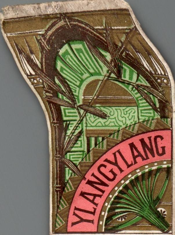 VINTAGE YLANG YLANG PERFUME SCENT LABEL DIE CUT DECORATIVE ADVERTISING EPHEMERA