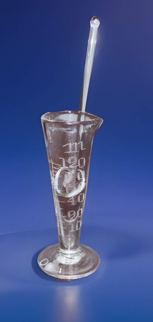 Victorian Glass Apothecary Measuring Beaker with Etched Markings Glass Spoon