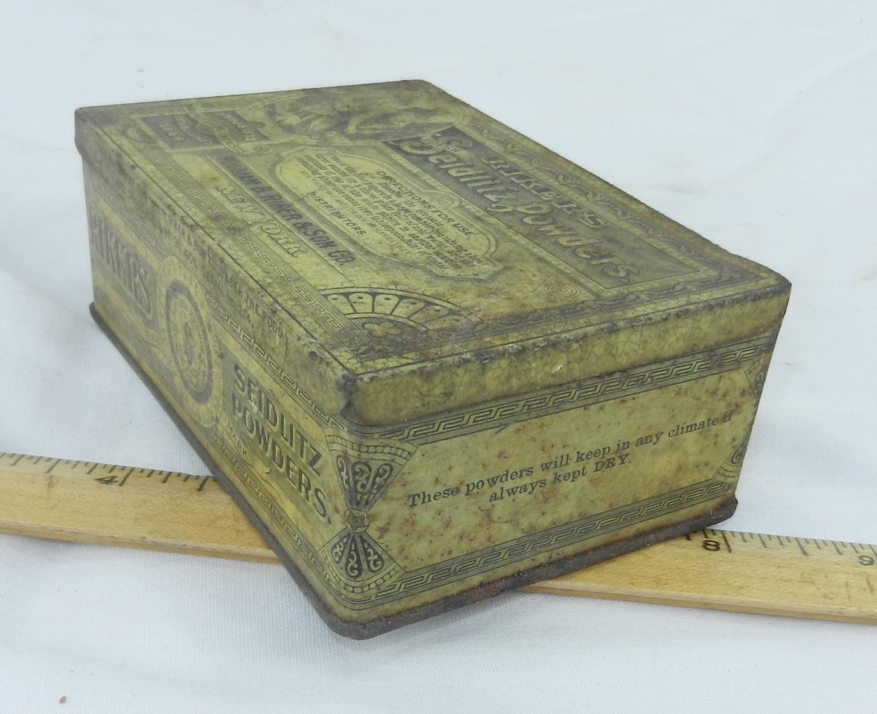 SEIDLITZ Powder Tin Litho Medicine Can William B Riker & Son Co New York Est1846