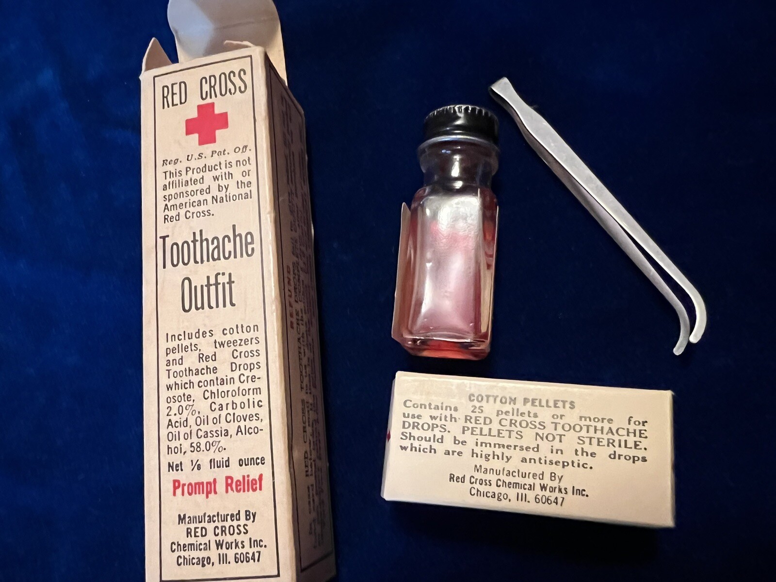 Vintage Red Cross Toothache Outfit Tweezers, Ointment, Cotton All Original