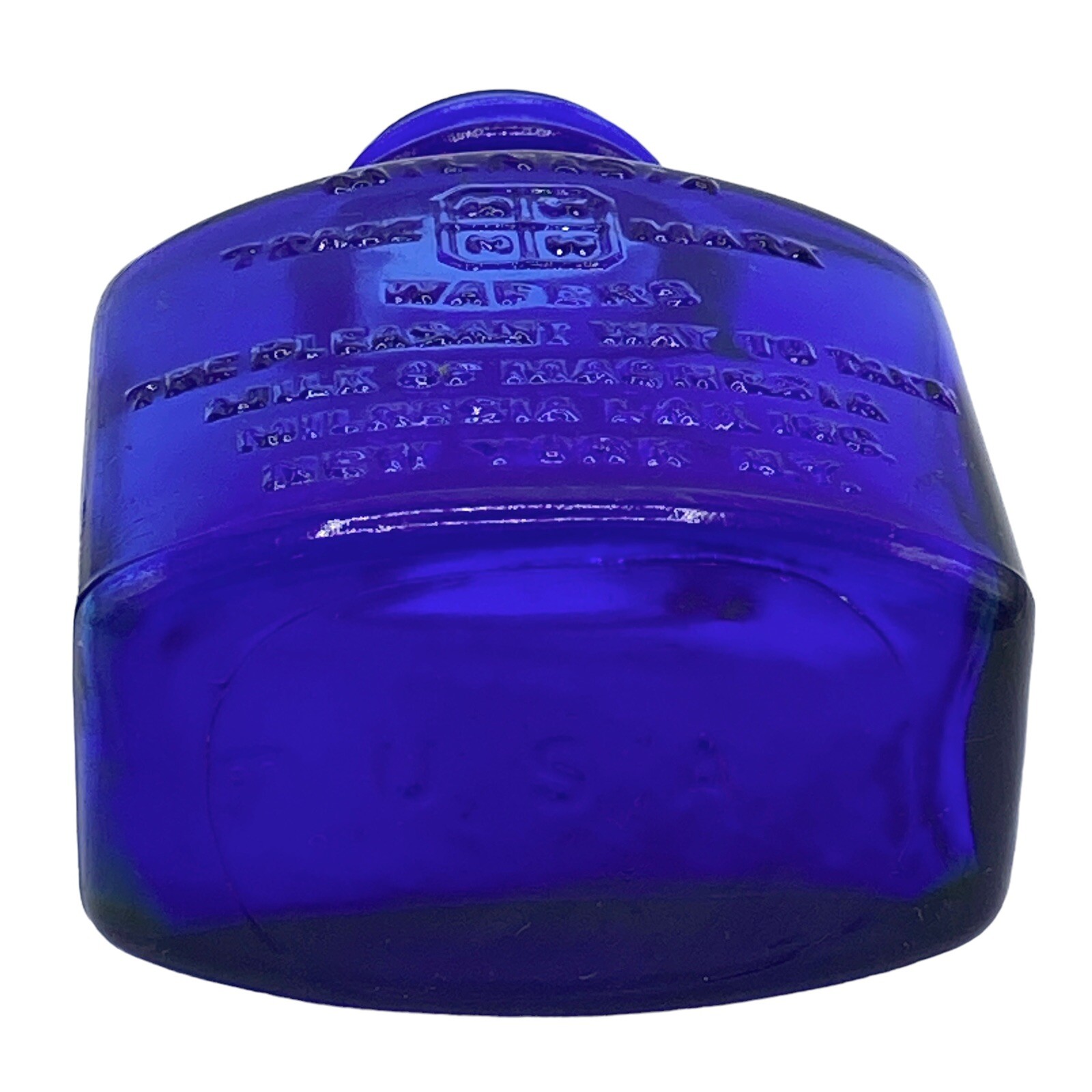 Vtg Milnesia Wafers Embossed Cobalt Blue Glass Bottle 3″ Tall New York, NY
