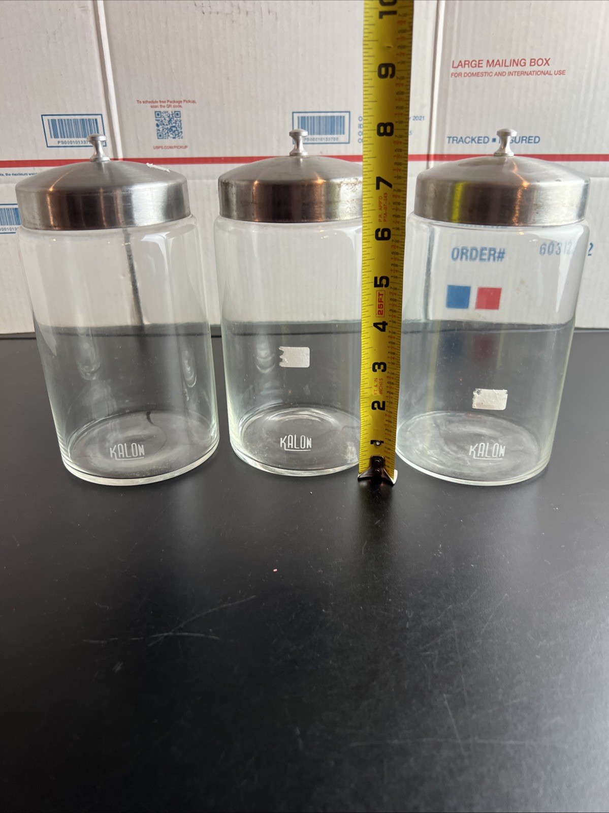 Lot of 3 Vintage Kalon Medical Apothecary Jars w/Metal Lids 7.5″ Tall