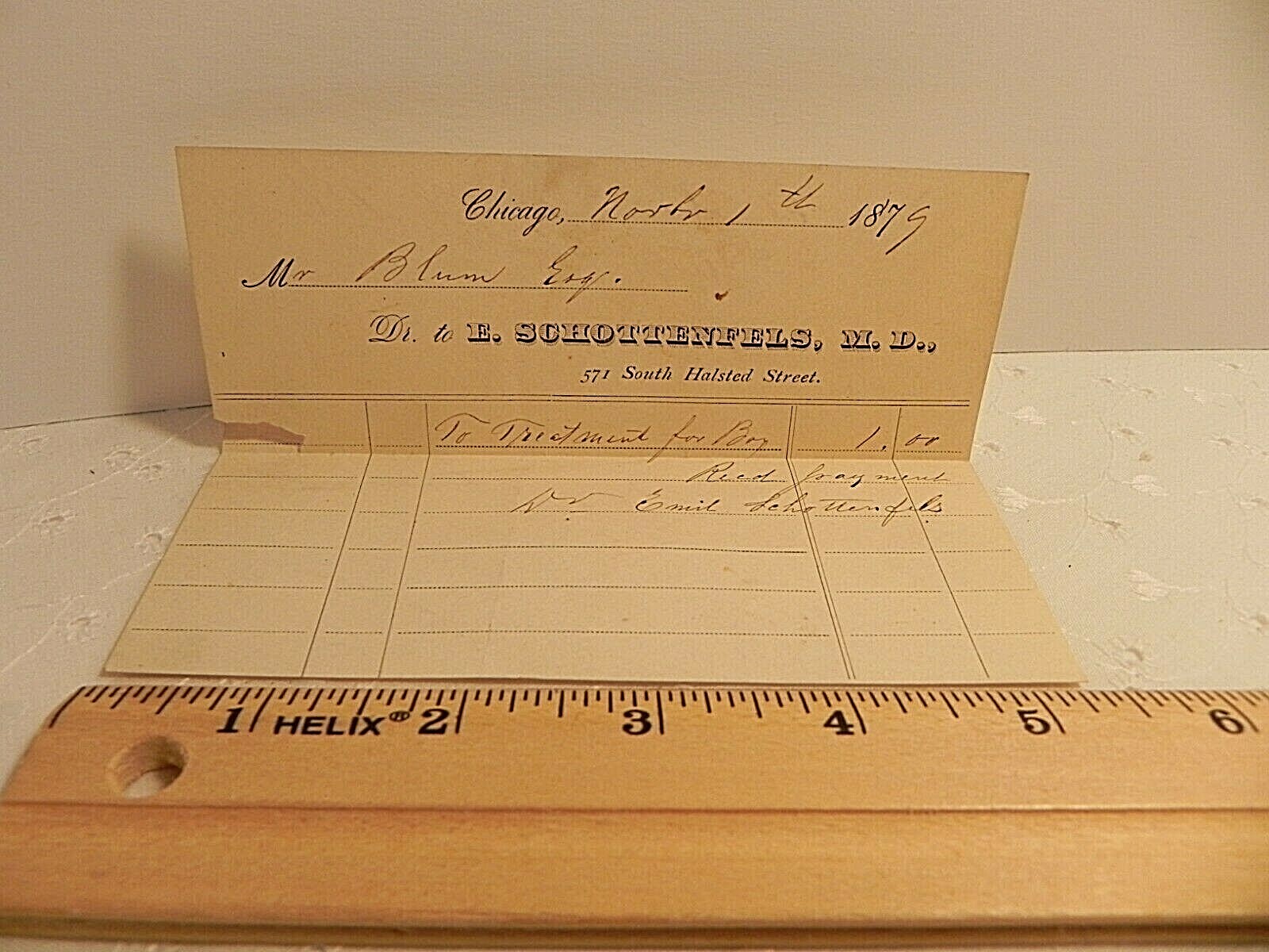 Antique 1879 receipt note paper Chicago IL Dr. E. Schottenfels ephemera