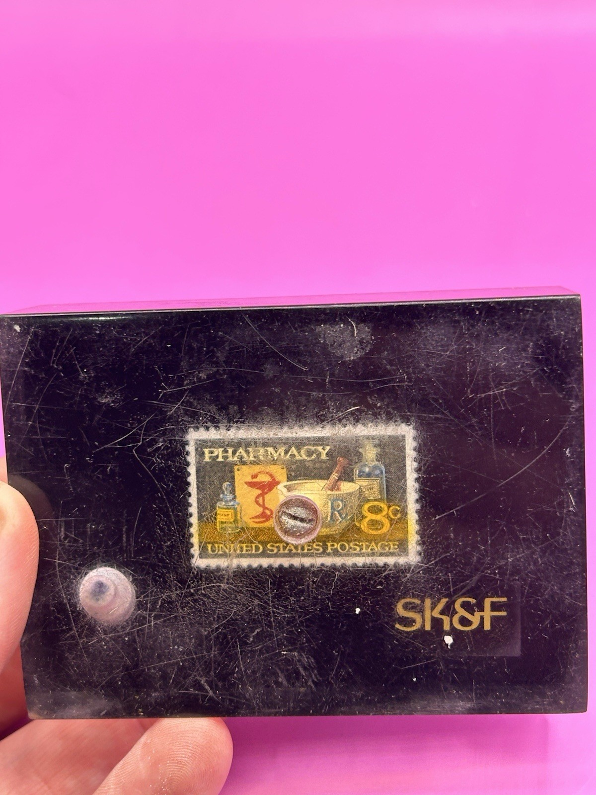 SK&F Liberty Bell Pen Holder Acrylic Paperweight Pharmacy United States Postage
