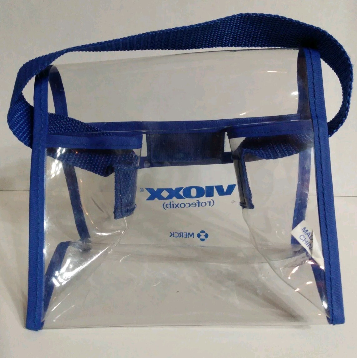 Vintage Vioxx Merck Plastic Vinyl Clear Bag Blue Hook And Loop Small Short Strap