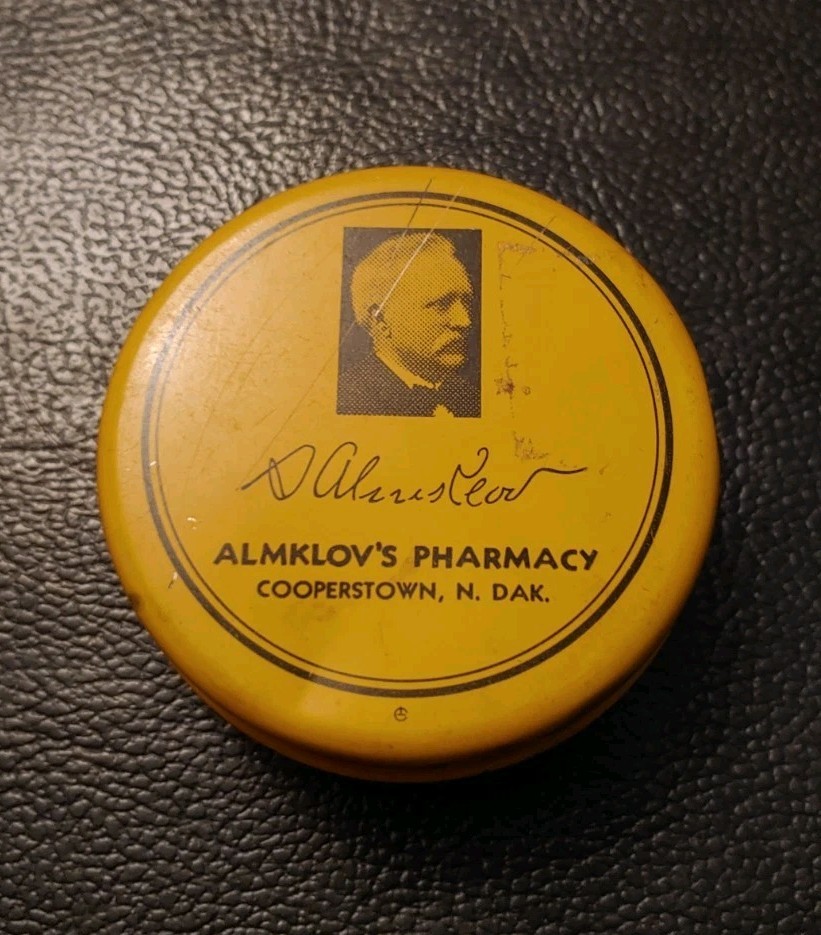 Vintage Almklov’s Pharmacy Cooperstown North Dakota 4oz Tin X. E. M. Slave