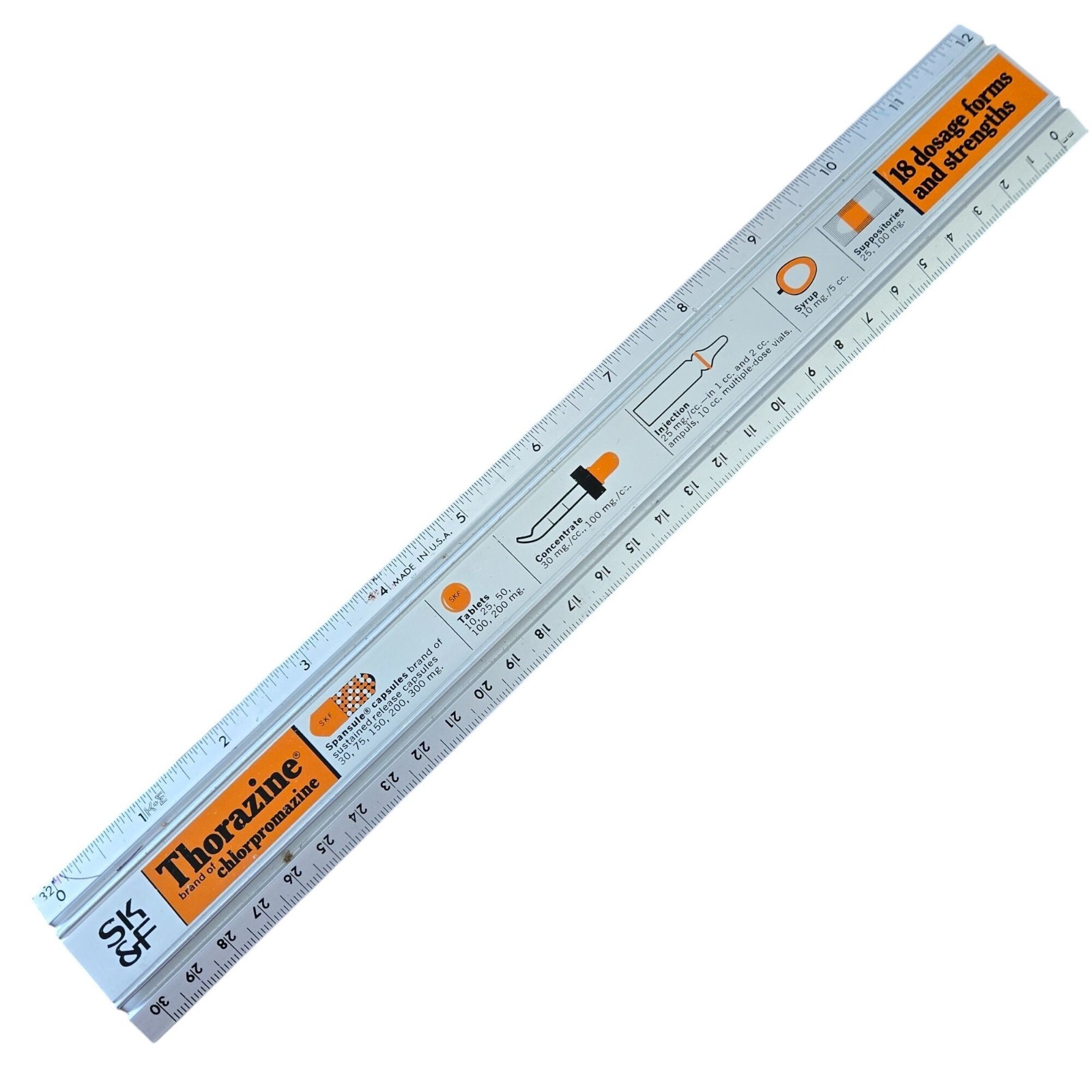 Vtg 60s SK&F Thorazine Metal 12″ Ruler Antipsychotic Medication Advertising SKF