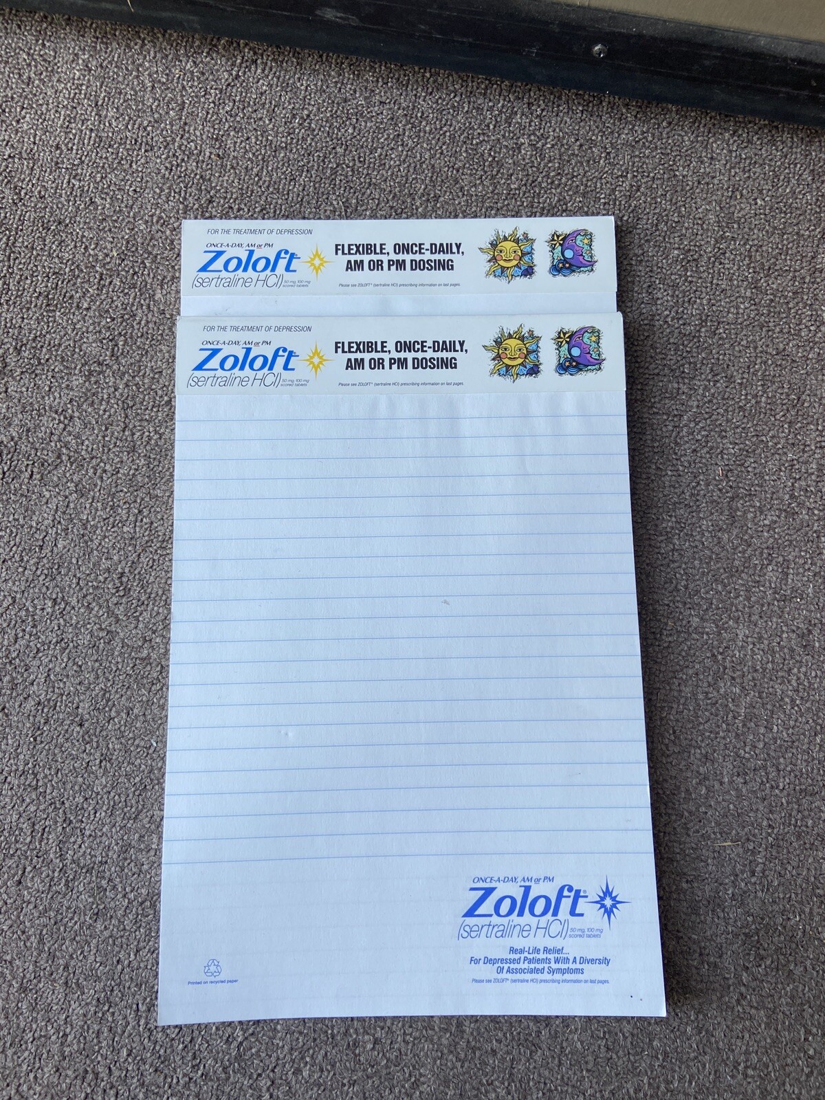 Zoloft 2 Full Size Note Pad Pharmaceutical Drug Rep Collectible Promo Unique 🌞