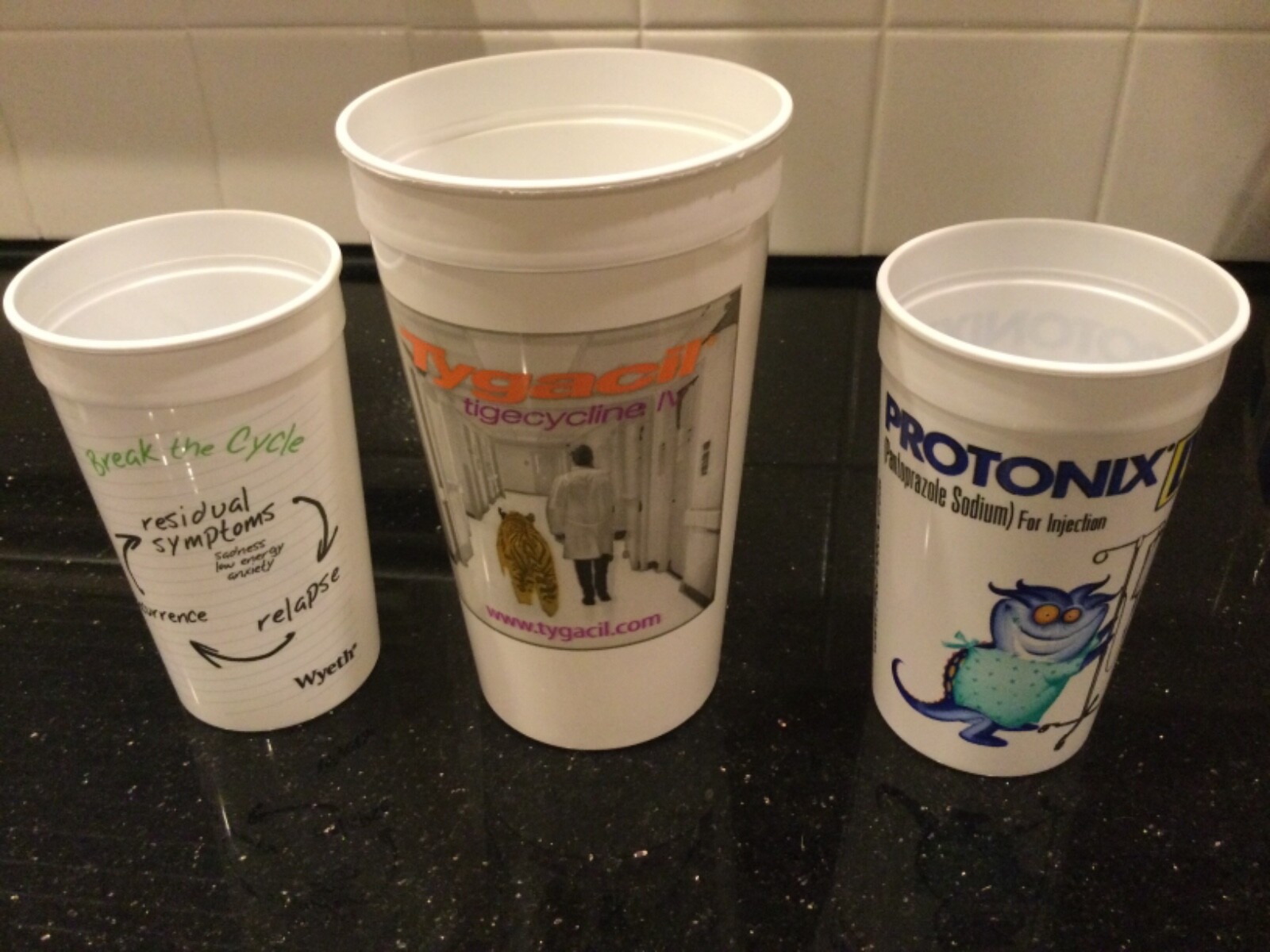 Lot of (3) Drug Rep Wyeth Pharmaceuticals Cups Effexor XR, Protonix, & Tygaci