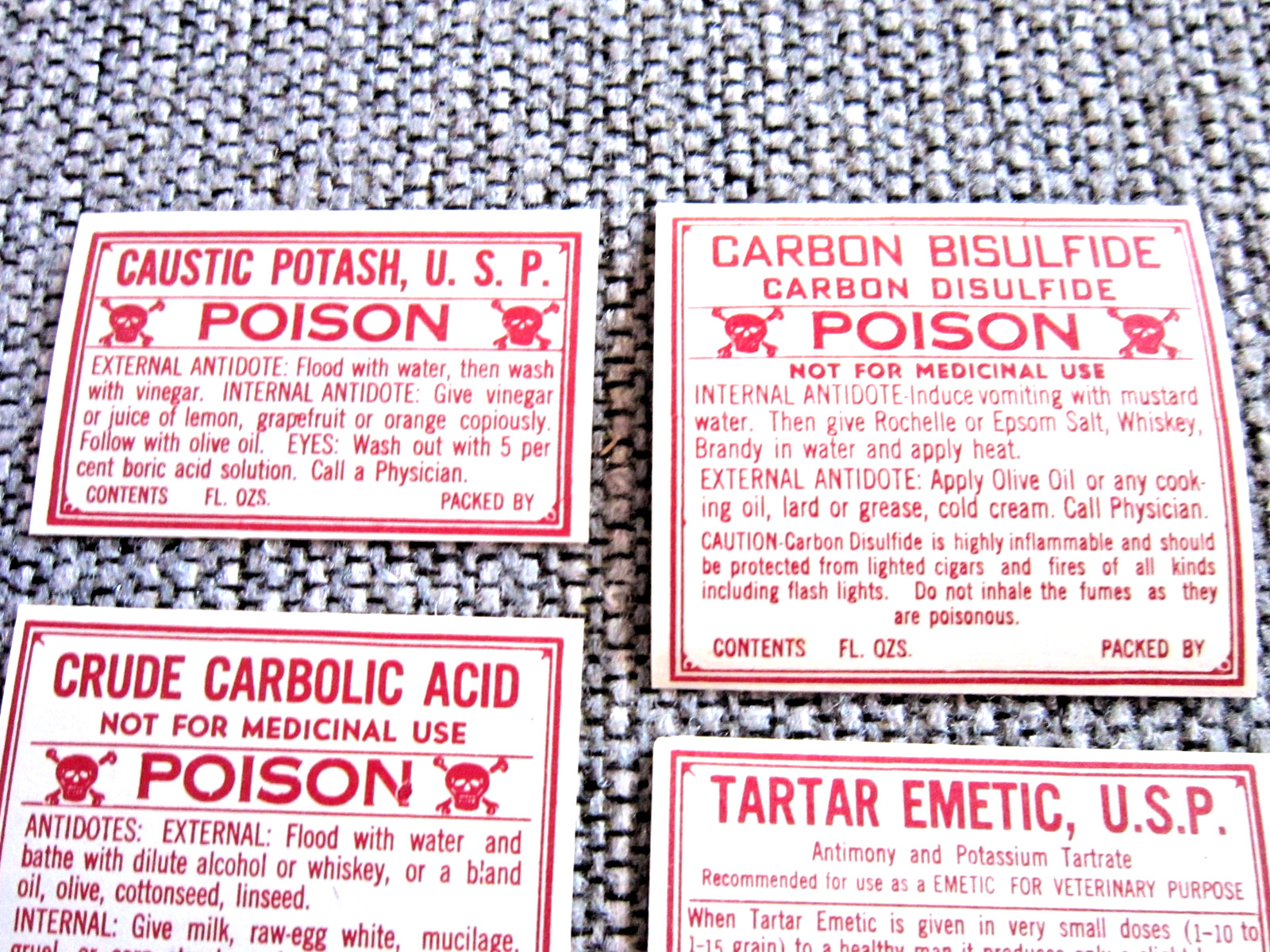 Lot of 6 Vintage Pharmacy Poison Unused Bottle Labels