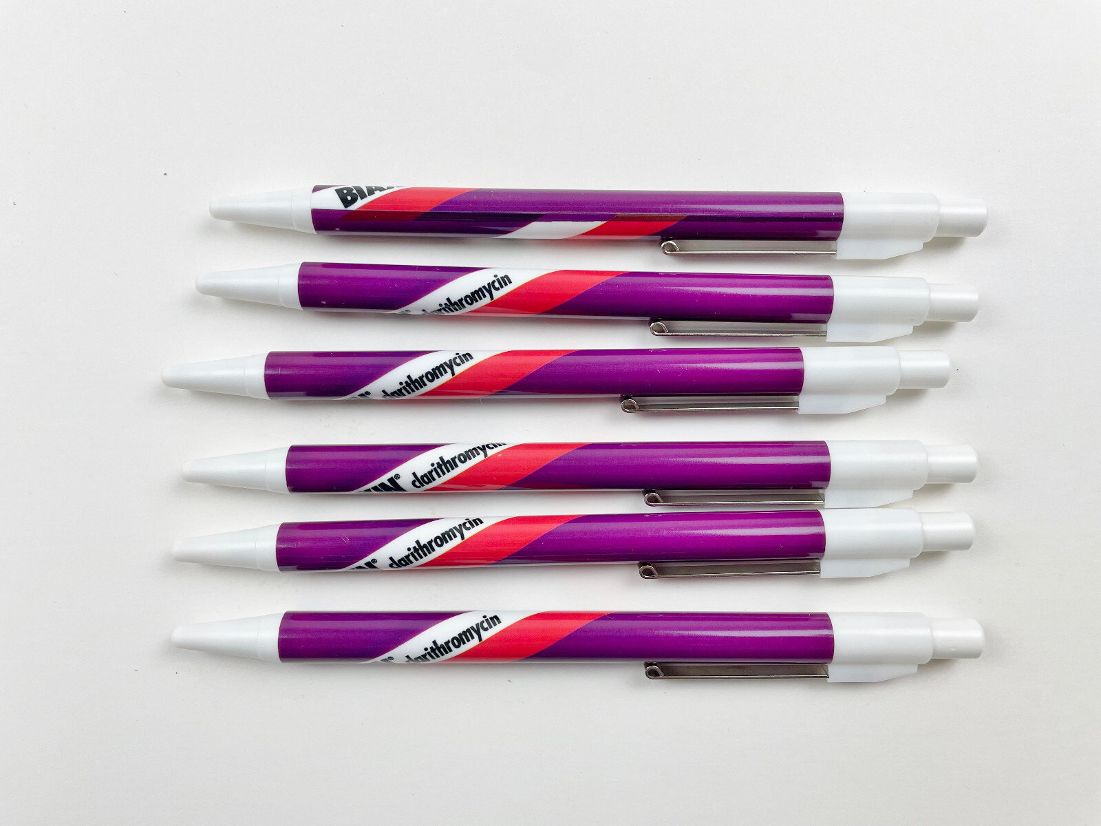 6 BIAXIN PENS – PLASTIC – BLACK INK – PHARMACEUTICAL GIVE-AWAY – NEW OLD STOCK