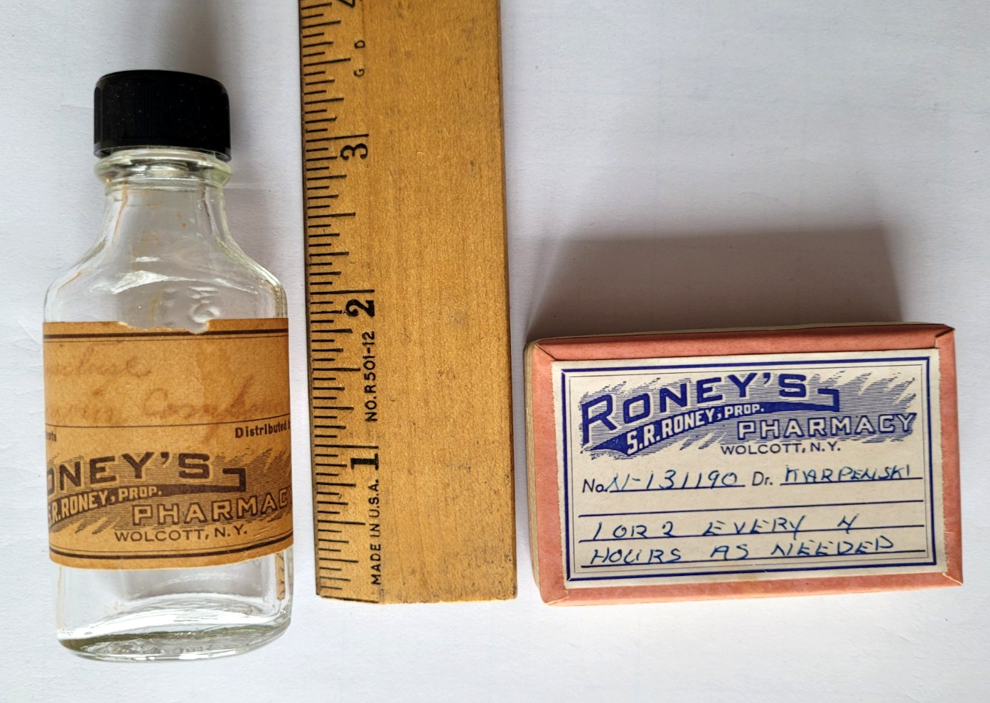 Lot of 2 Vintage Roney’s Pharmacy Medicine Wolcott NY Wayne Bottle Advertising