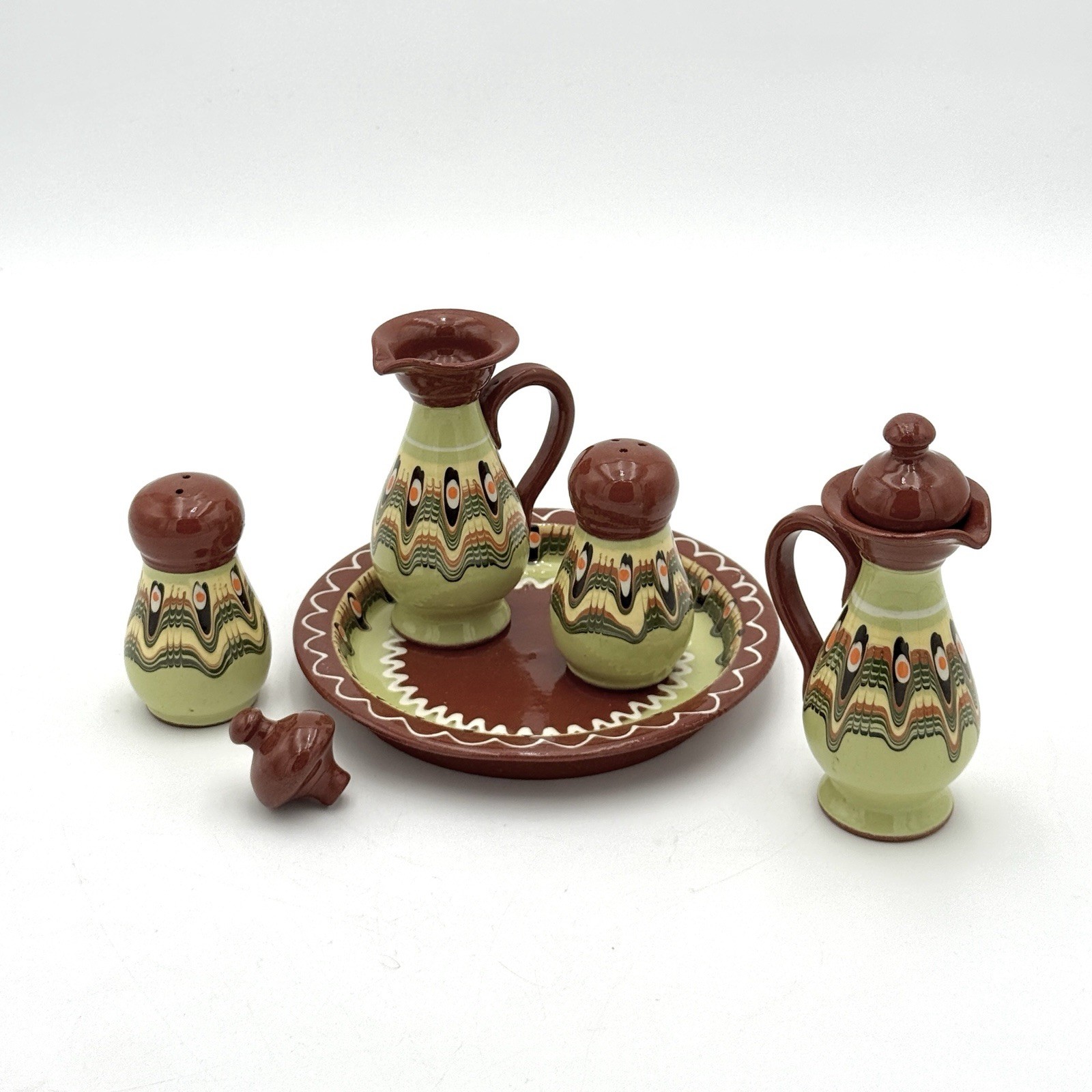 Vintage Bulgarian Peacock eye Dripware Pottery 5-Piece Condiment Set
