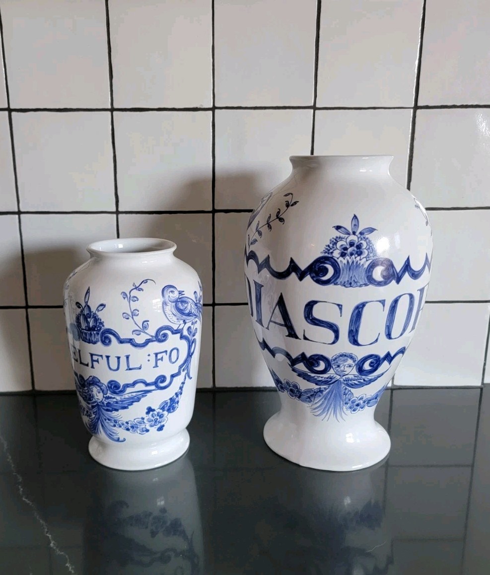 2 Vintage Lilly Pharmaceuticals-Apothecary Jar 1989 Blue/White Pottery Portugal
