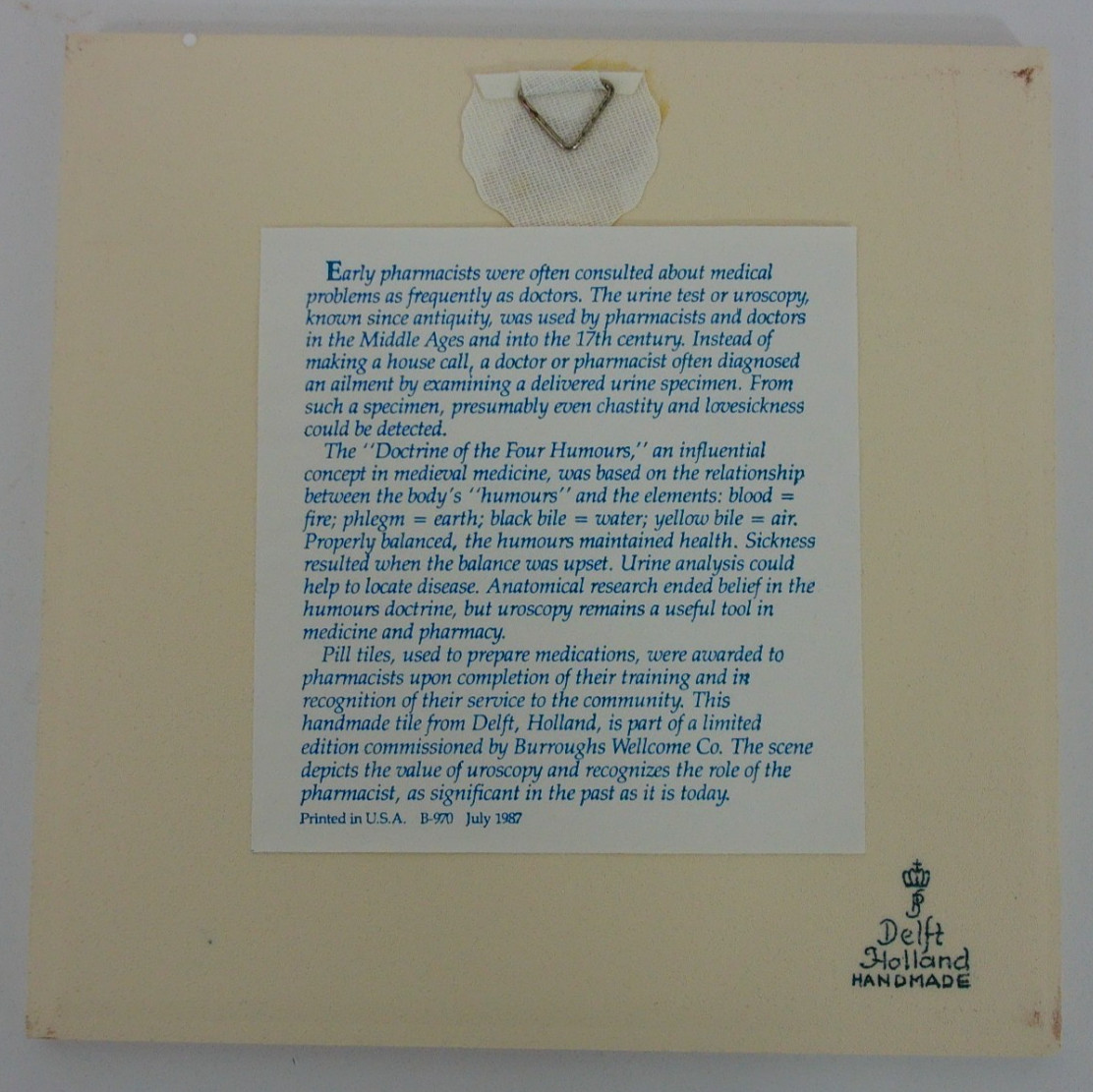Burroughs Wellcome Delft Holland Pharmacy Blue&White Pill Tile The Homours #21