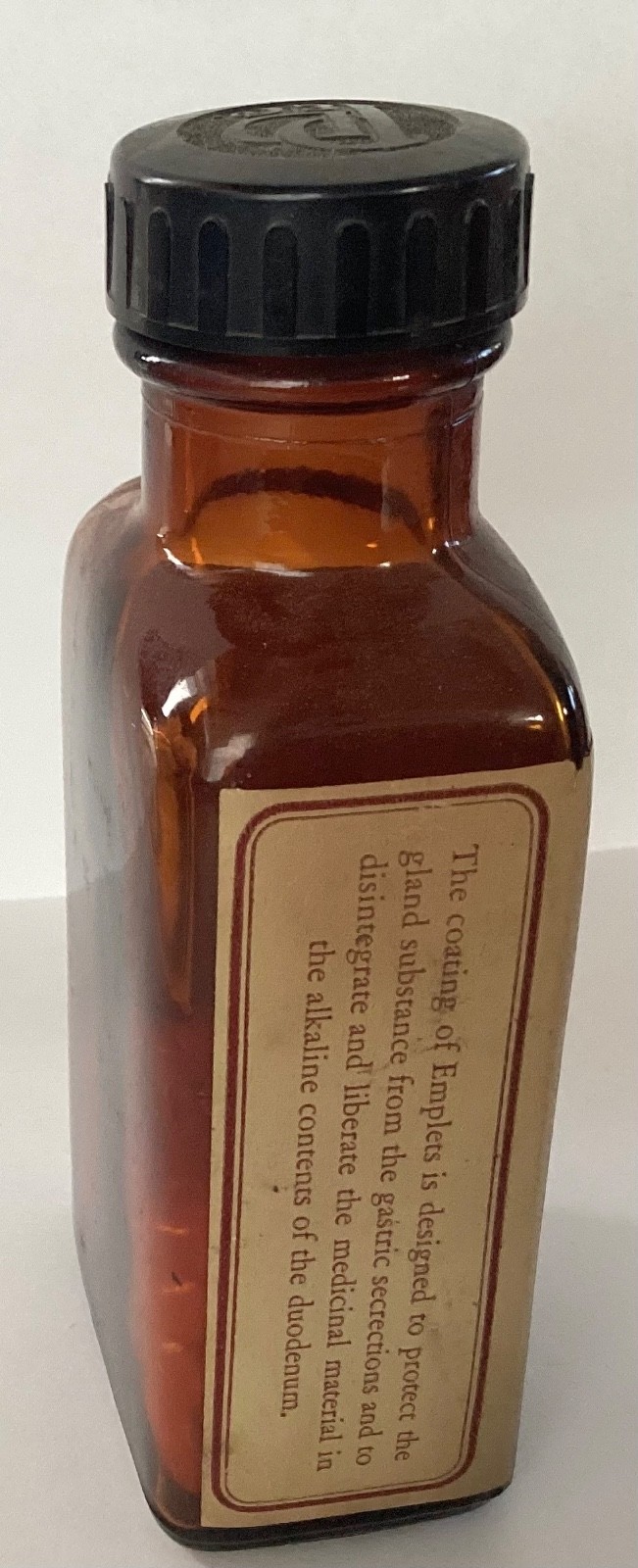 Rare Vintage Emplets Anterior Pit Amber Medicine Bottle Parke Davis w/contents