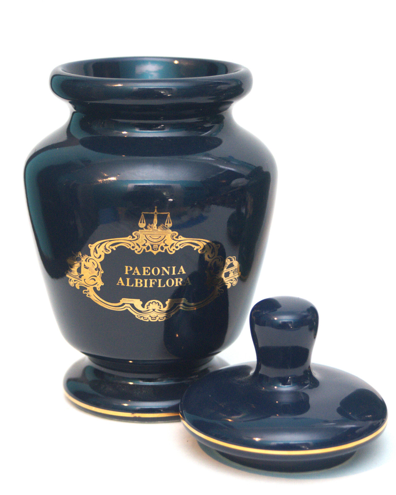 VINTAGE NOS ELI LILLY PAEONIA ALBIFLORA NUMBERED APOTHECARY LIDDED JAR BLUE