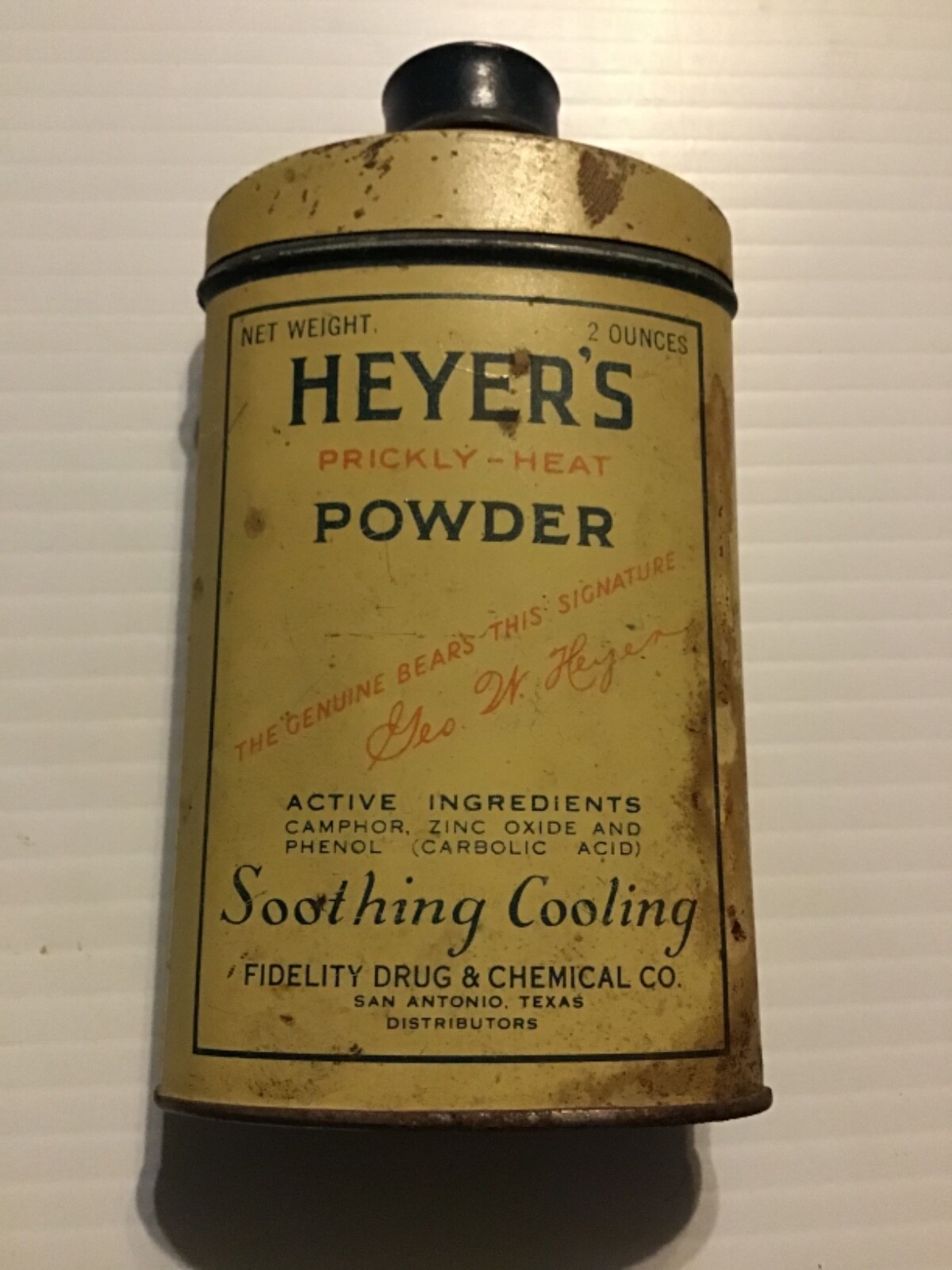 Vintage Heyer’s Prickly-Heat Powder Tin, 2 oz. empty, 4 1/2” tall $7 Shipping