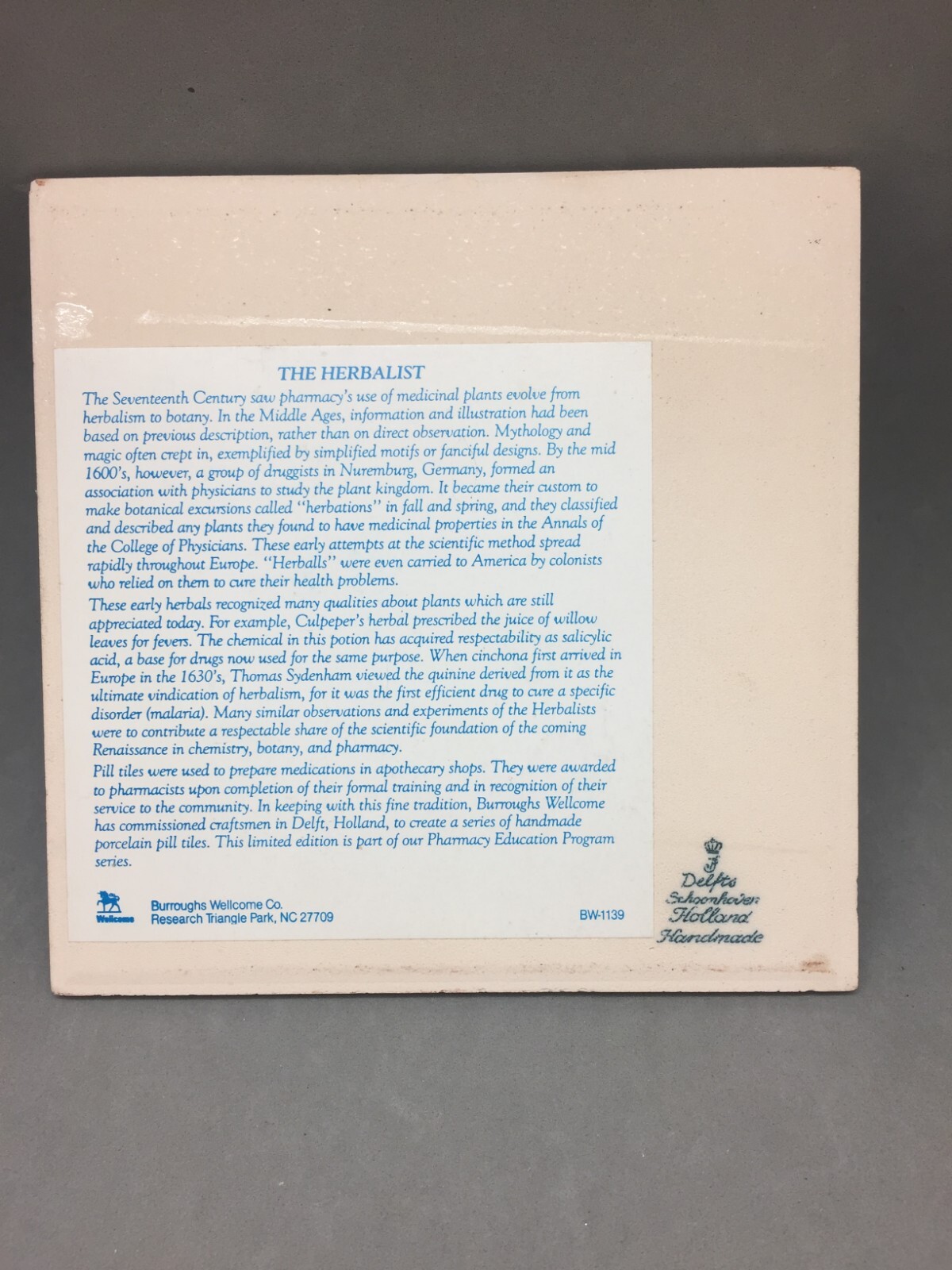 Blue Delft Schoonhaven Holland Tile Trivet Pharmacy Herbalist Burroughs Wellcome