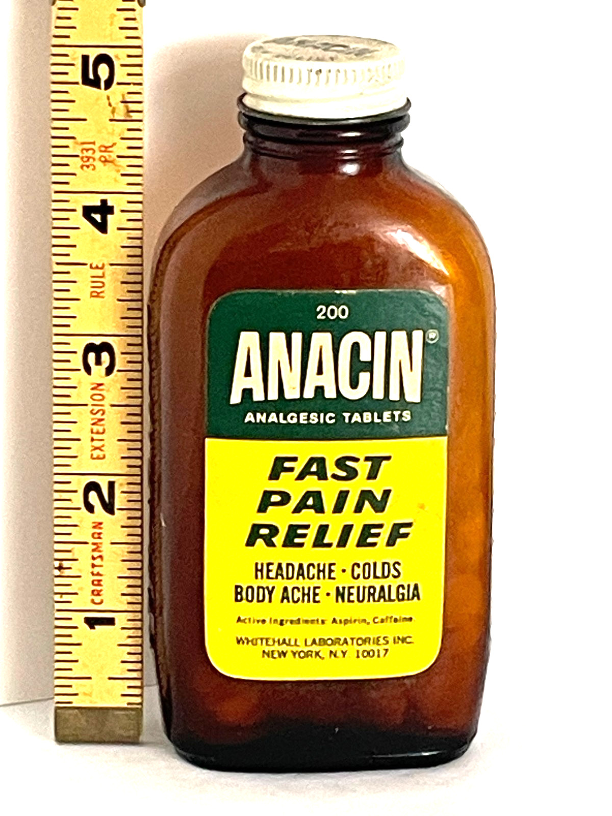 Vin. 1979 ANACIN Analgesic 200 Tablets Brown Glass Bottle Metal Cap, Paper Label