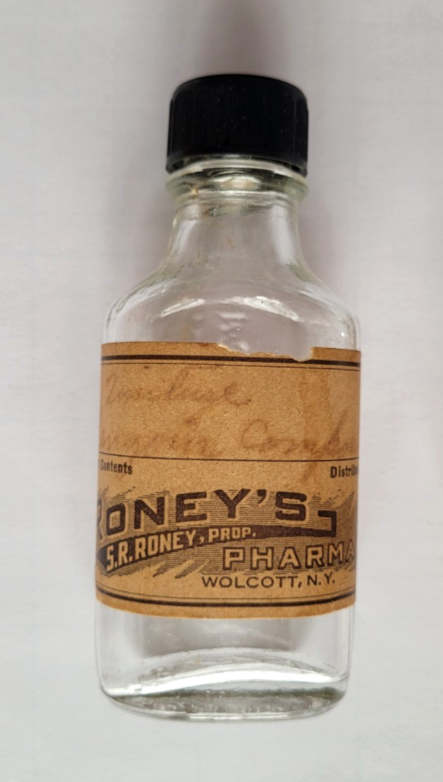 Lot of 2 Vintage Roney’s Pharmacy Medicine Wolcott NY Wayne Bottle Advertising