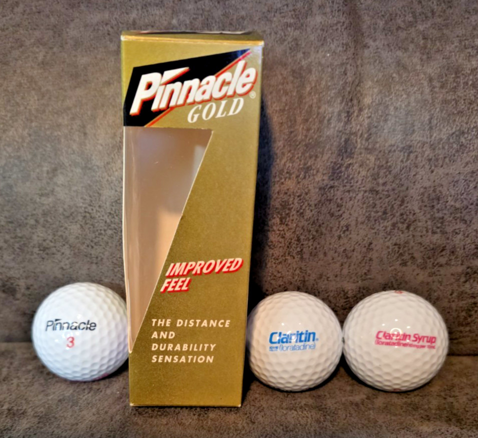 Vintage Claritin Syrup Pinnacle Gold Golf Balls 3 Pack Pharma Rep Promo NOS