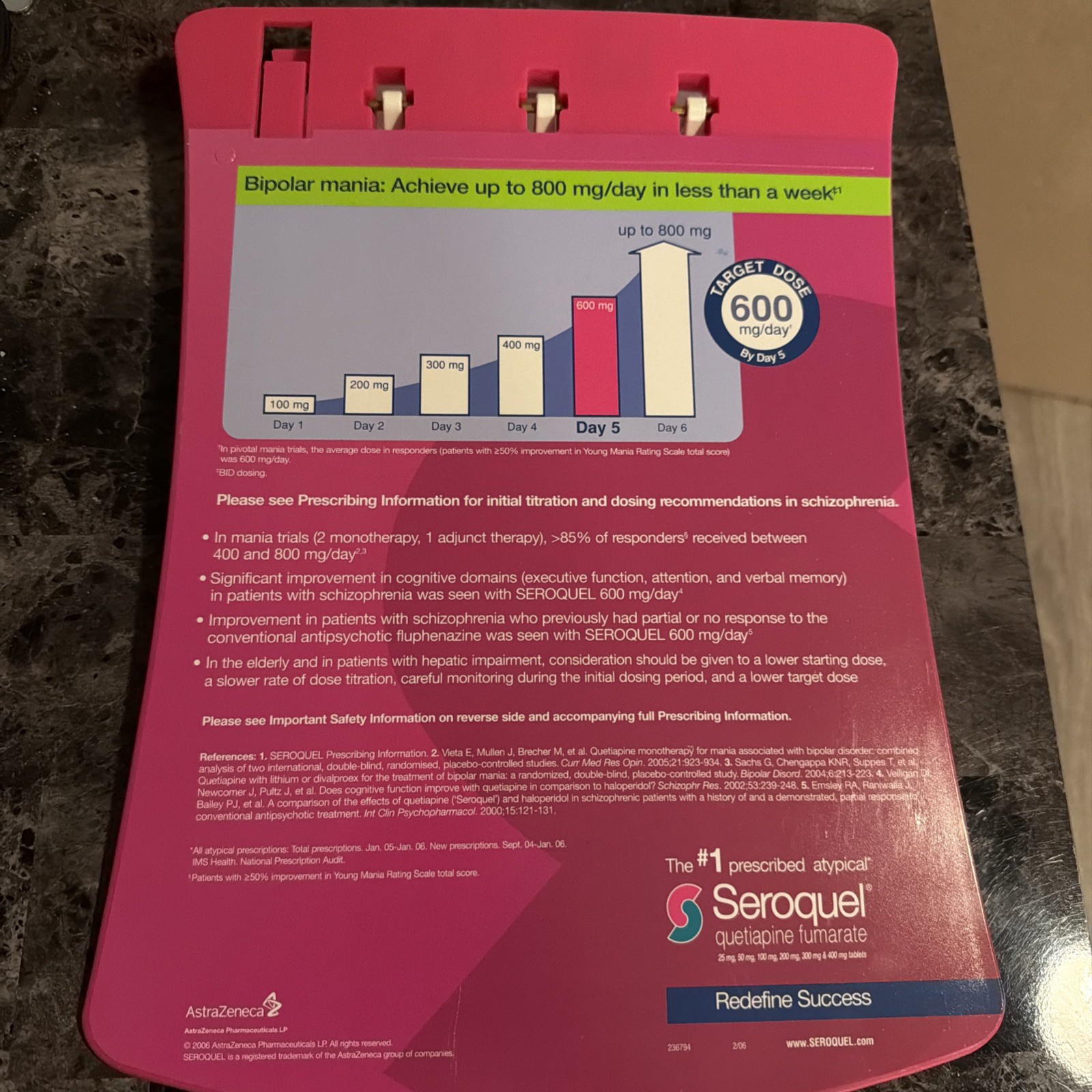 Seroquel New Tablet Size Clipboard Drug Rep Promo 2006 AstraZeneca