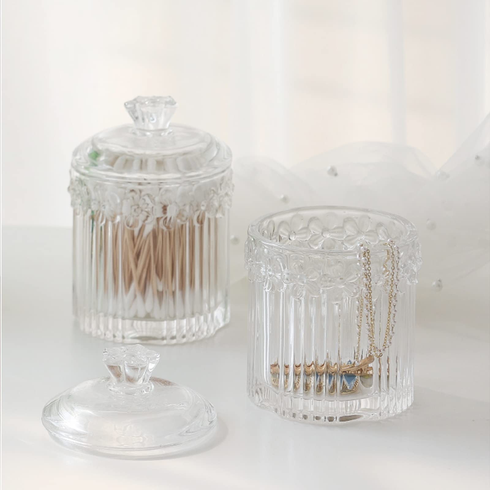 2 Pack Qtip Holder Glass Apothecary Jars with Lids Bathroom Accessories Vanit…