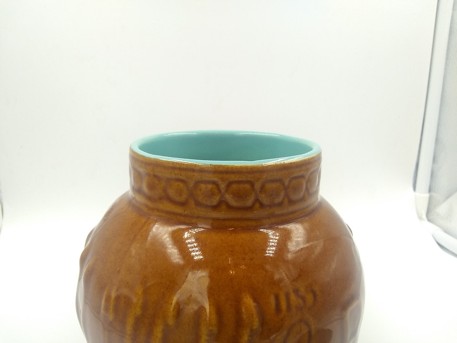 Vintage Schering Pharmacy RX jar crock Brown turquoise Mortar Vase Pottery 5″