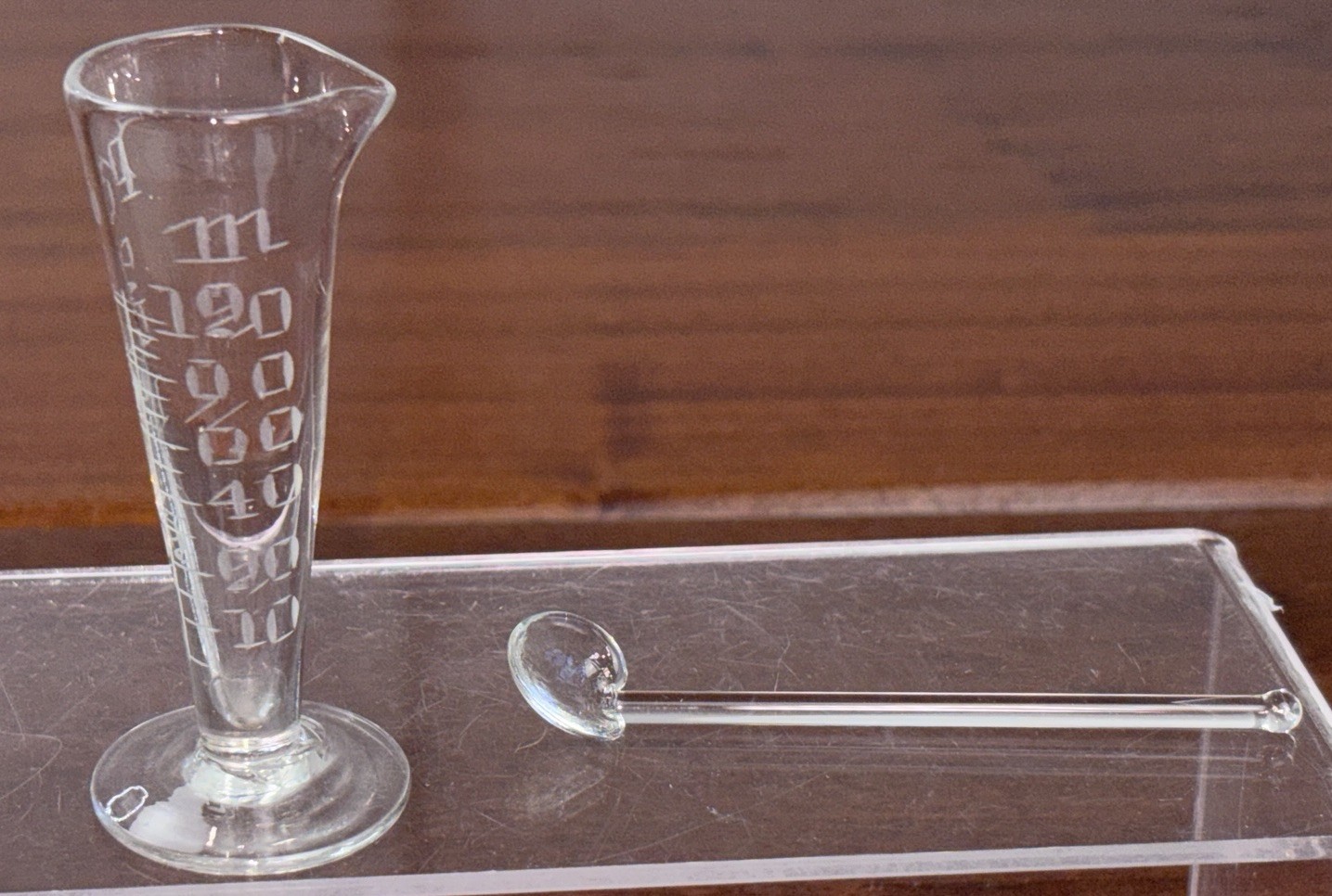 Victorian Glass Apothecary Measuring Beaker with Etched Markings Glass Spoon