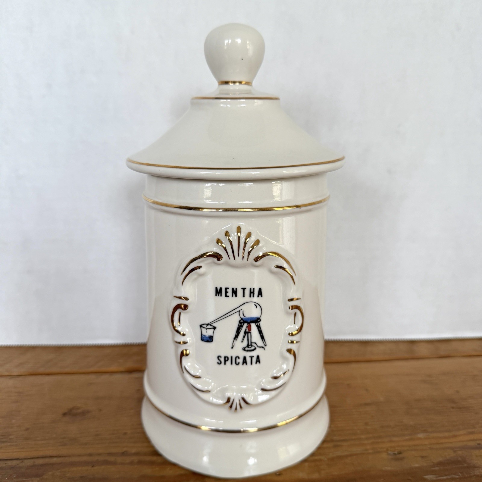Vintage Ceramic Apothecary Jar Mentha Spicata (Spearmint) 9” Tall With Lid