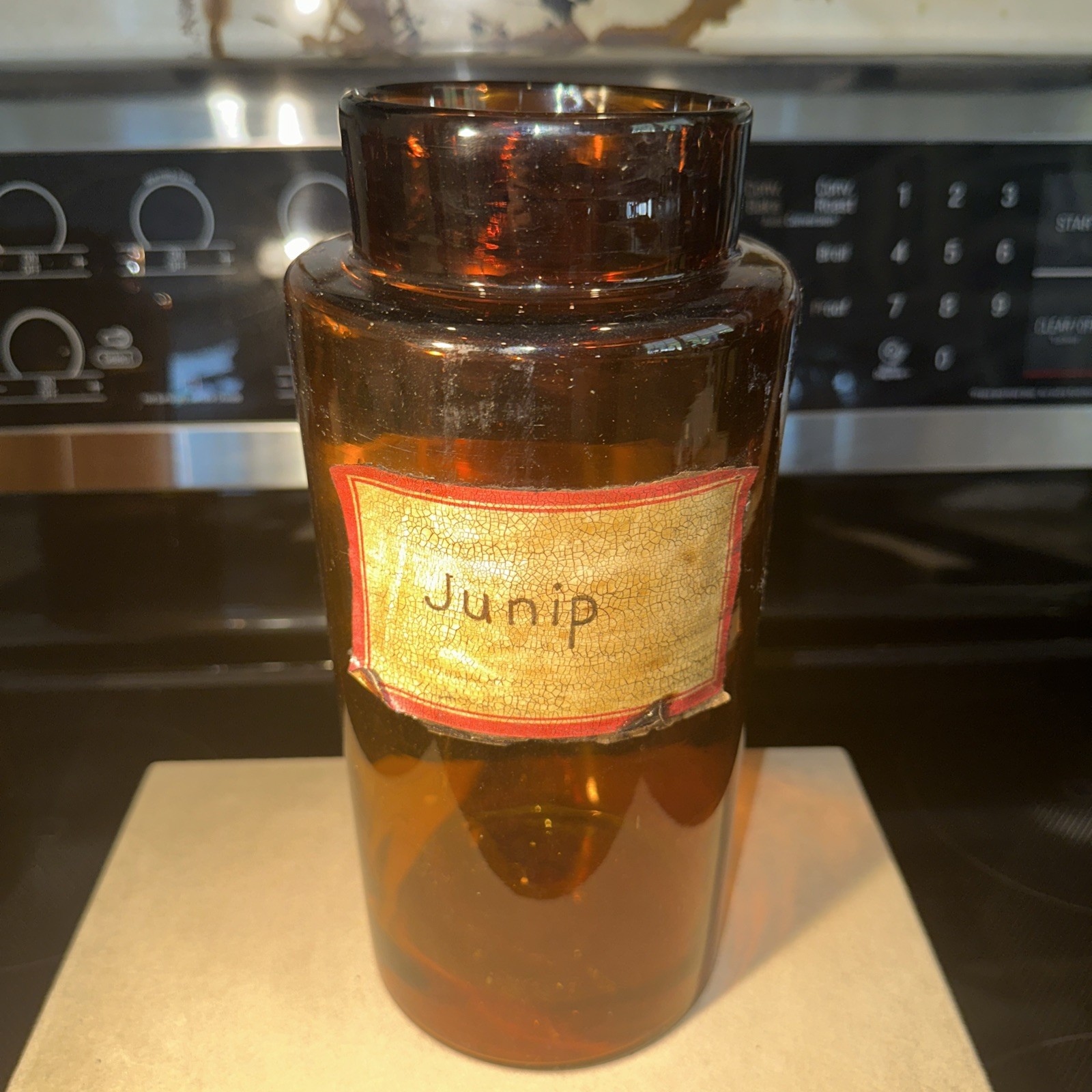Antique Amber Junip Apothecary Large Glass Jar, 1920s ~ 10 Inches Tall ~ Good ~