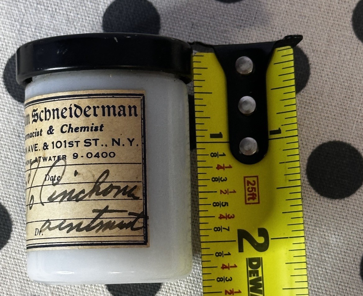 Vintage Apothecary Milk glass Jar w/ Product NYC Pharmacist RARE Display Collect