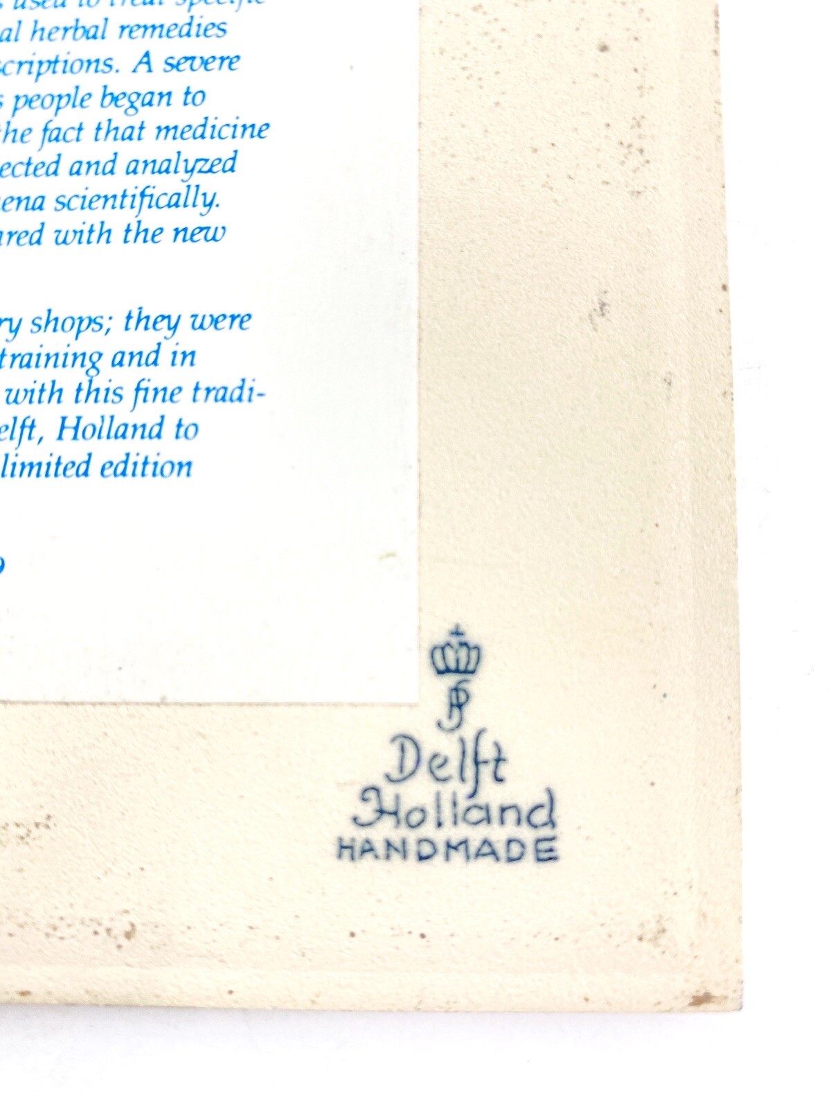 1988 Vintage Blue Delft Holland Handmade Ceramic Tile BW-1051 Burroughs Wellcome